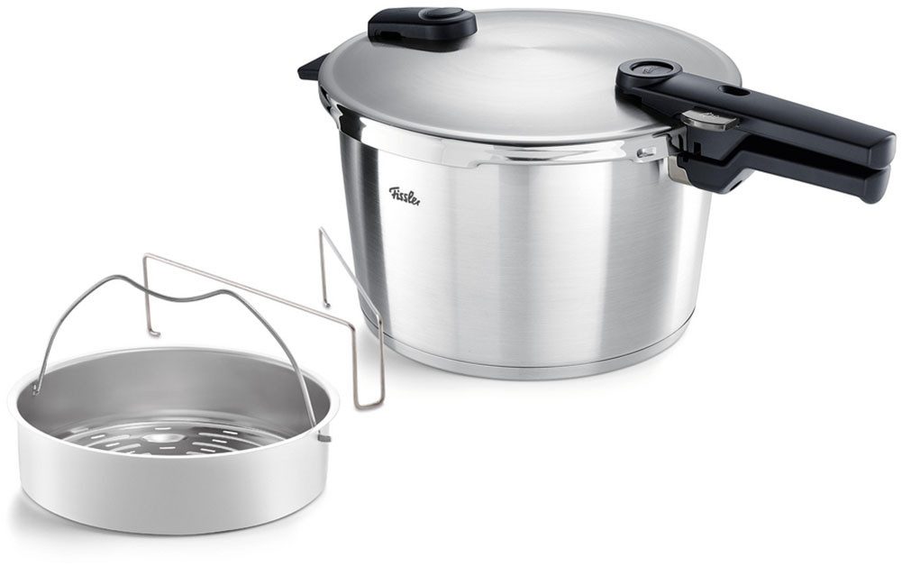 Fissler Schnellkochtopf Vitaquick® Premium, Edelstahl 18/10 (3-tlg., 1 Schnellkochtopf 8 L, 1 Metalldeckel, 1 Dünsteinsatz), Made in Germany, mit gelochtem Einsatz