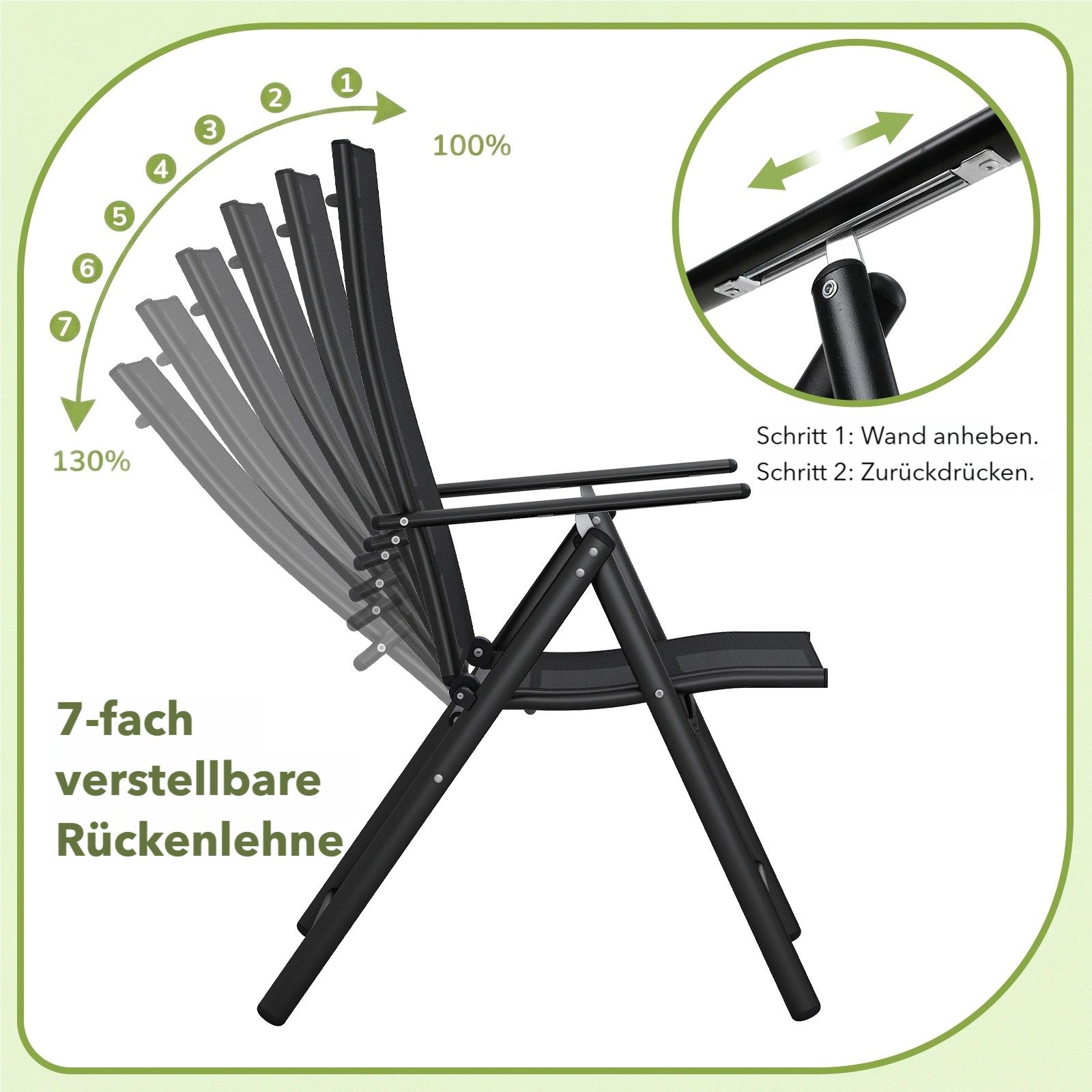 TLGREEN Klappstuhl 2-er Set Gartenstuhl,Klappbarer aus Texteline-Gewebe, (7-Fach Verstellbare Rückenlehne,Bis 120kg Belastbar, 2 St), für Garten, Terrasse, Balk – Bild 4 von 5