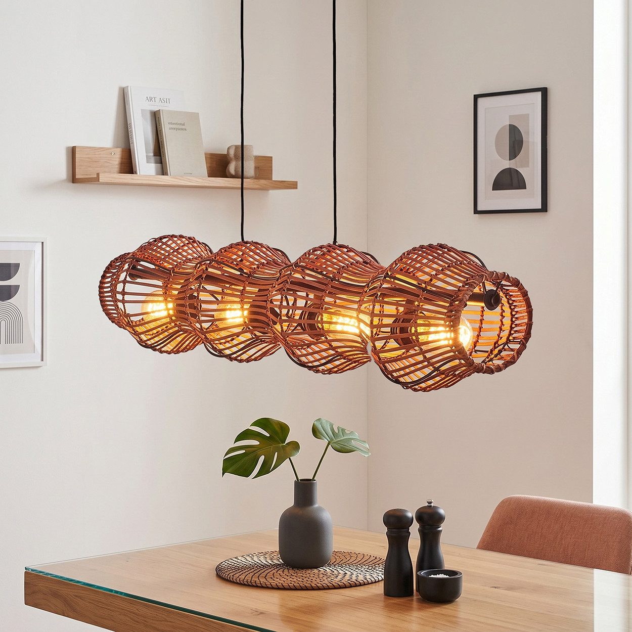 hofstein Pendelleuchte Hängelampe aus Metall/Bambus in Schwarz/Braun, ohne Leuchtmittel, Hängeleuchte im Retro/Vintage/Boho-Design, Höhe max. 170 cm, 4 x E27