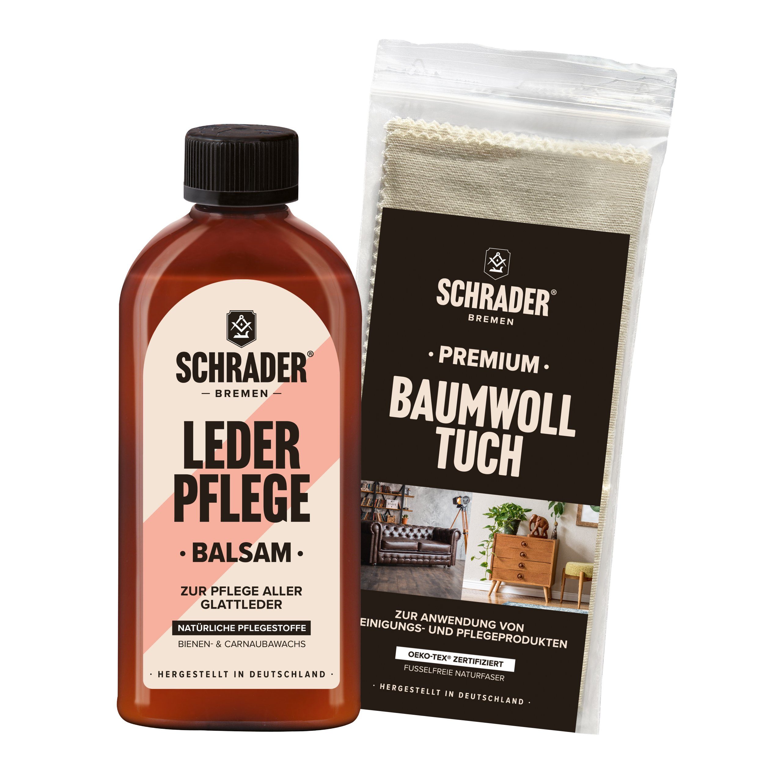 und Leder in Pflege Made Glattleder zweiteiliges einfachen Schutz (zur Schrader - Germany) Set Lederreiniger zum von Balsam + Baumwolltuch - Pflege