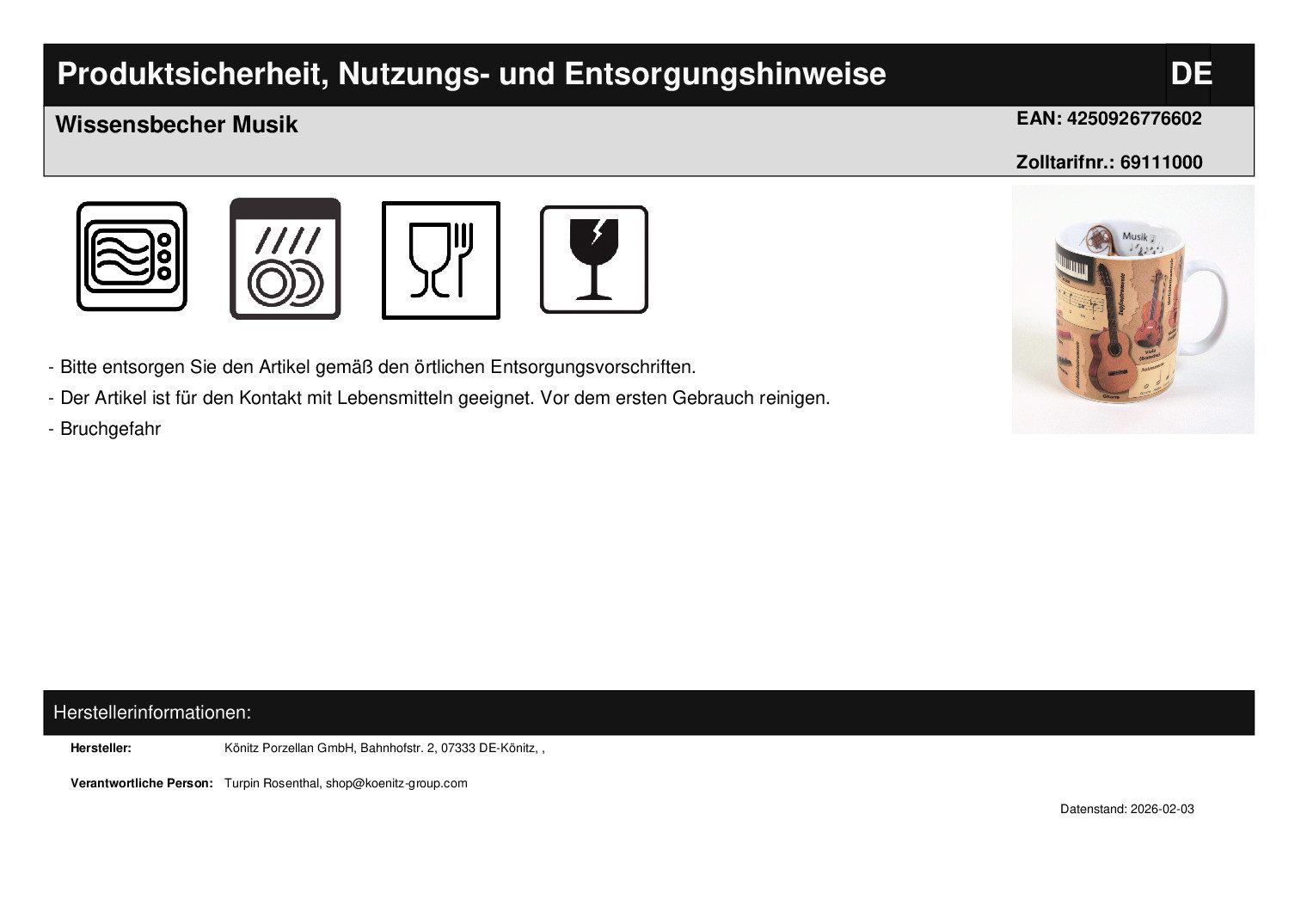 Könitz Becher Wissensbecher Musik, Porzellan, Wissensbecher Musik, Tasse