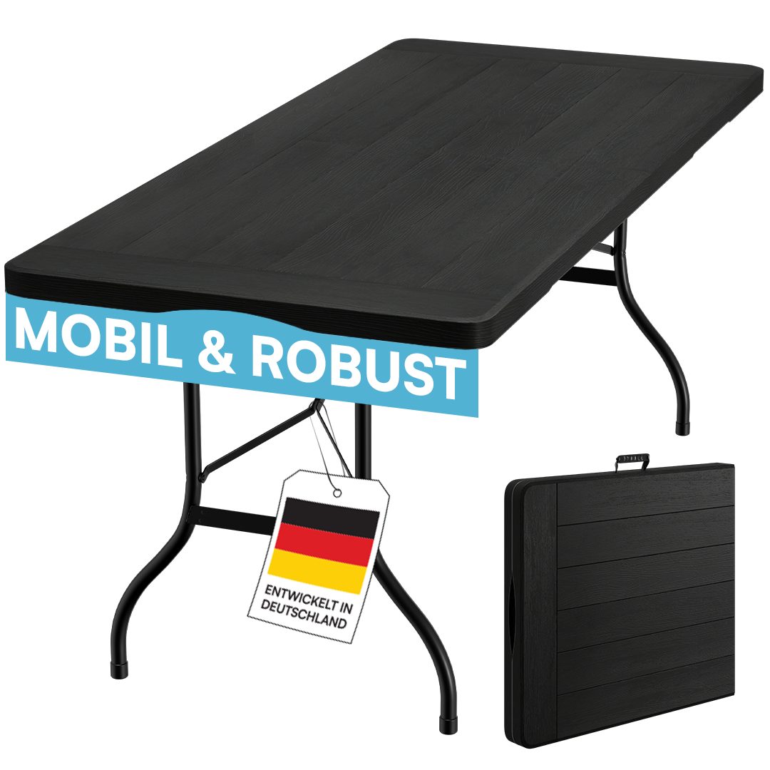 STEELSØN Bierzeltgarnitur Zennar klappbar & wetterfest, (schwarz, Buffettisch Holzoptik), Gartentisch 180x70 cm, Klapptisch für 8 Personen