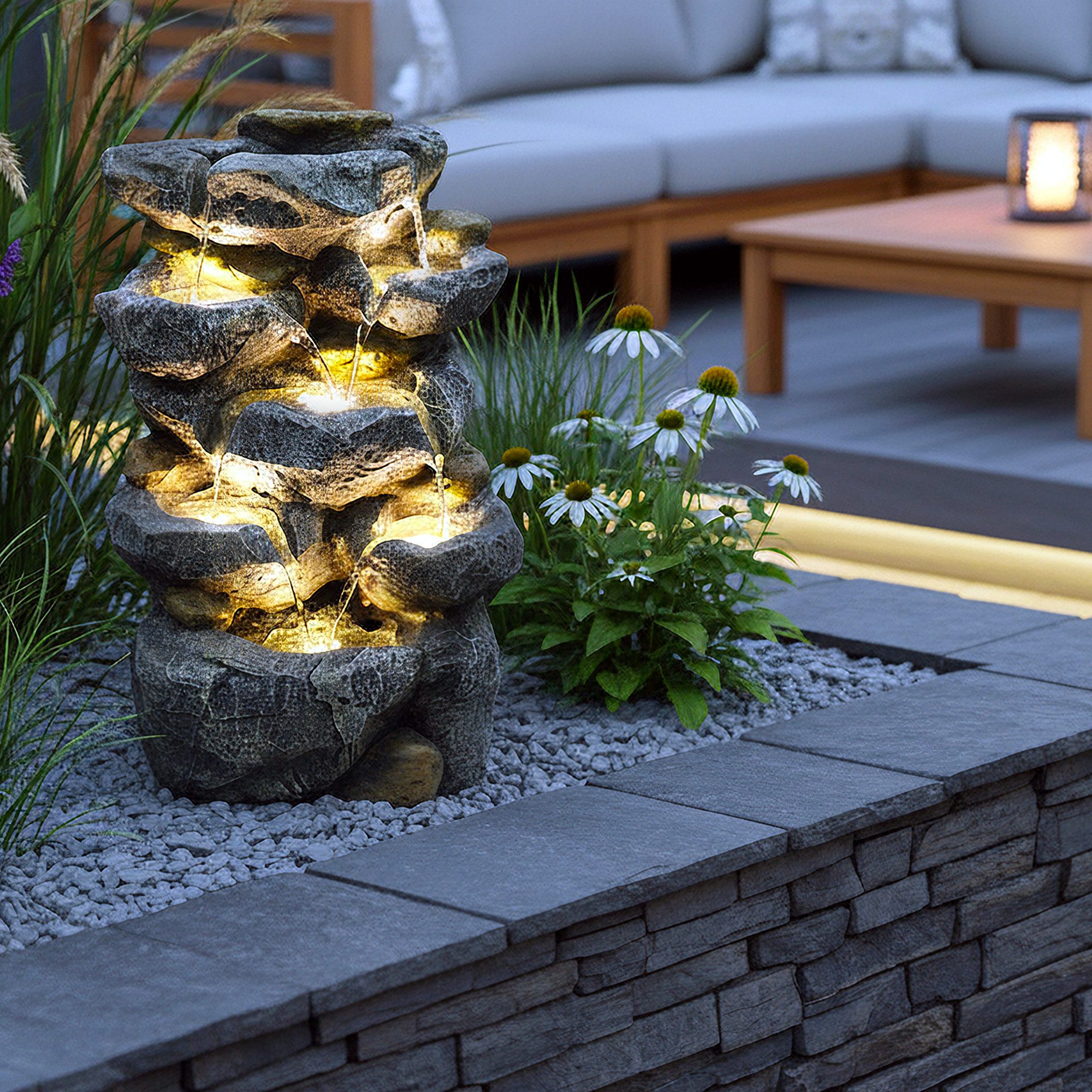 Arnusa Gartenbrunnen Zimmerbrunnen Wasserfall BK802 Gartendekoration Felsen warmweiß, Springbrunnen mit Beleuchtung komplett Set