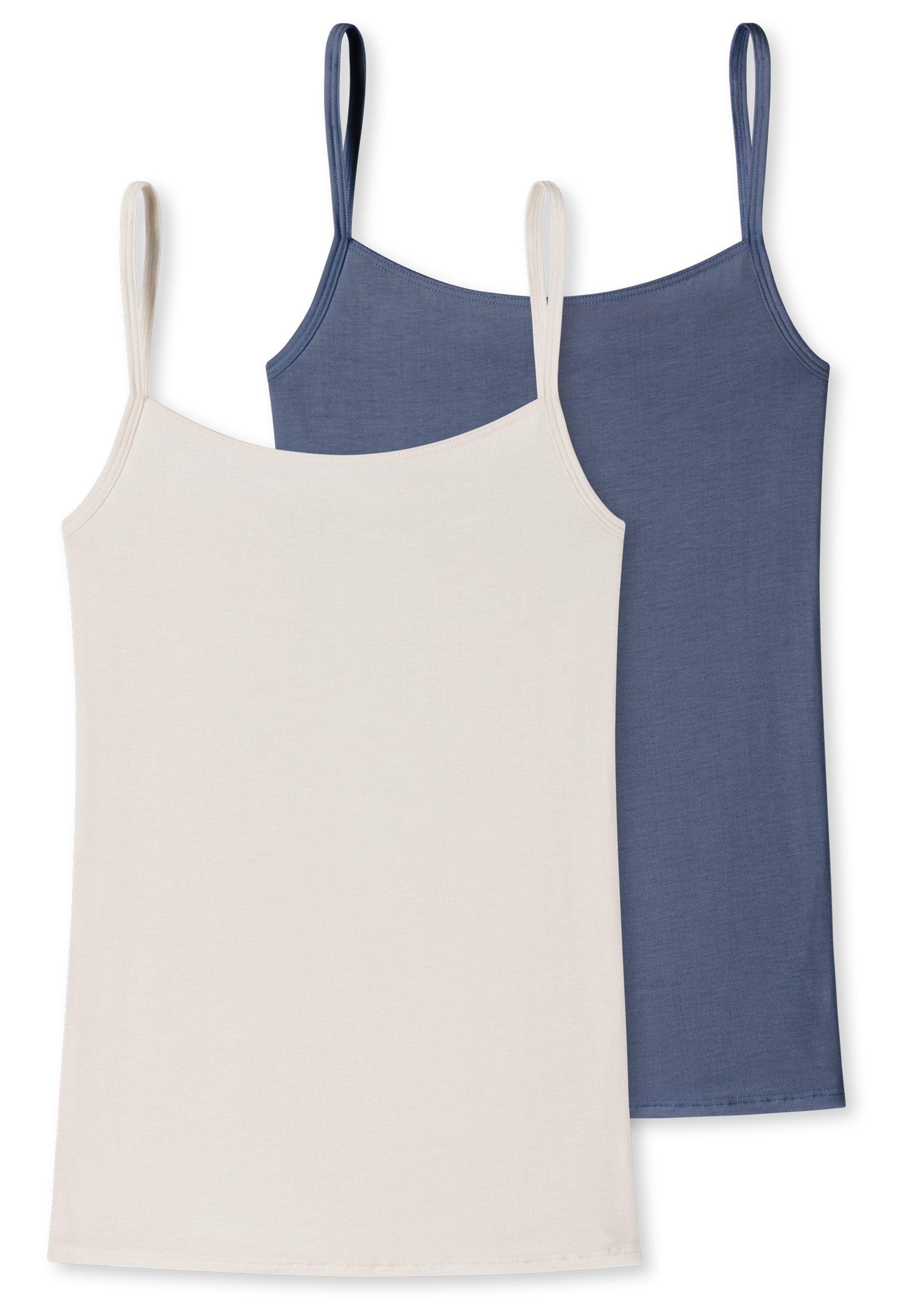 Schiesser Unterhemd 2er Baumwolle feinem Pack (FS23) Spaghetti - mit Blau und Hals- - 2-St) Top Modal Weiß 901 / - Einfass Armausschnitt Essentials (Spar-Set