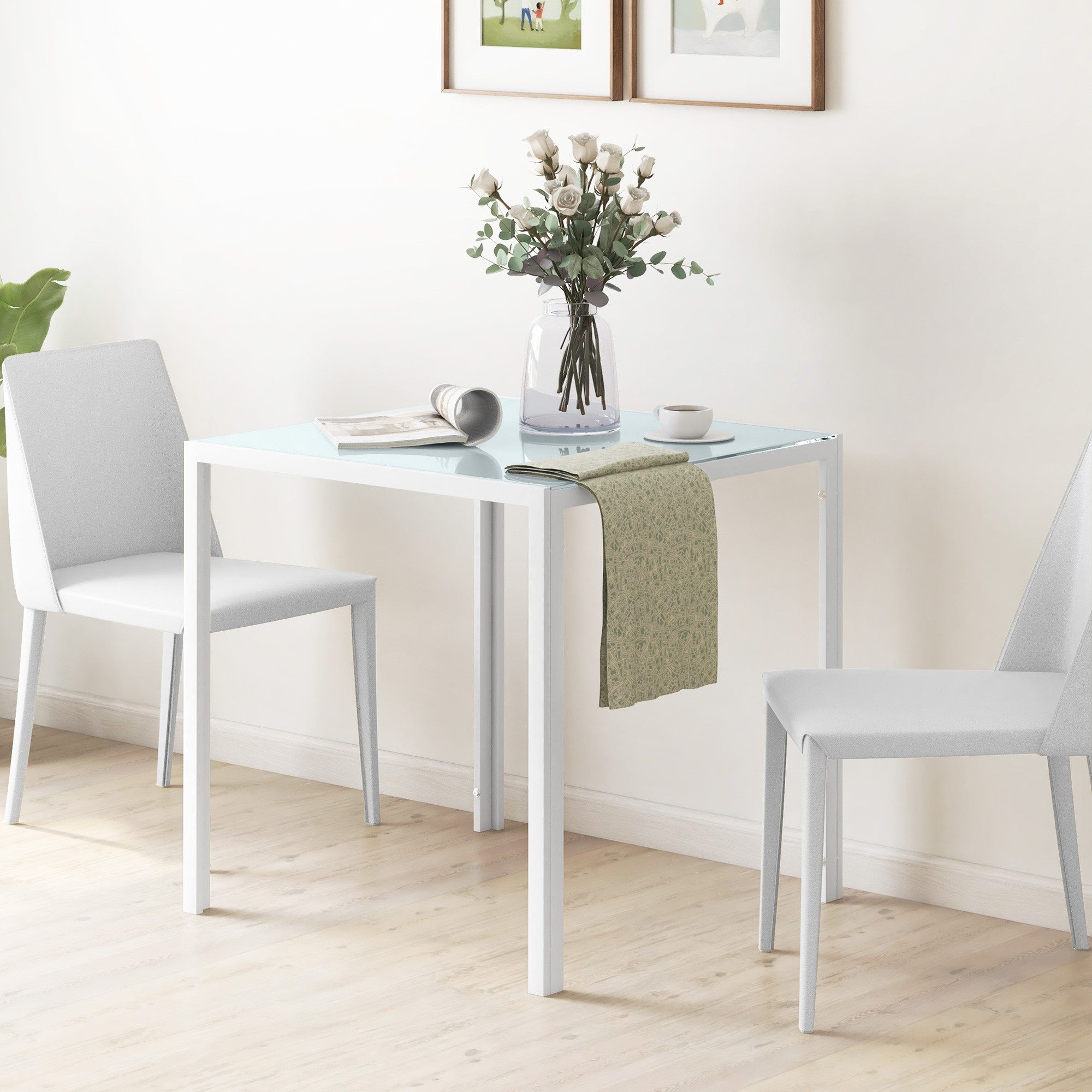 HOMCOM Esstisch Quadratischer Tisch, für 4 Personen, Hartglas mit Metallbeine (Esszimmertisch, 1-St., Küchentisch), bis 80 kg belastbar, für Küche, Esszimmer, 75 x 75 x 75 cm, Weiß