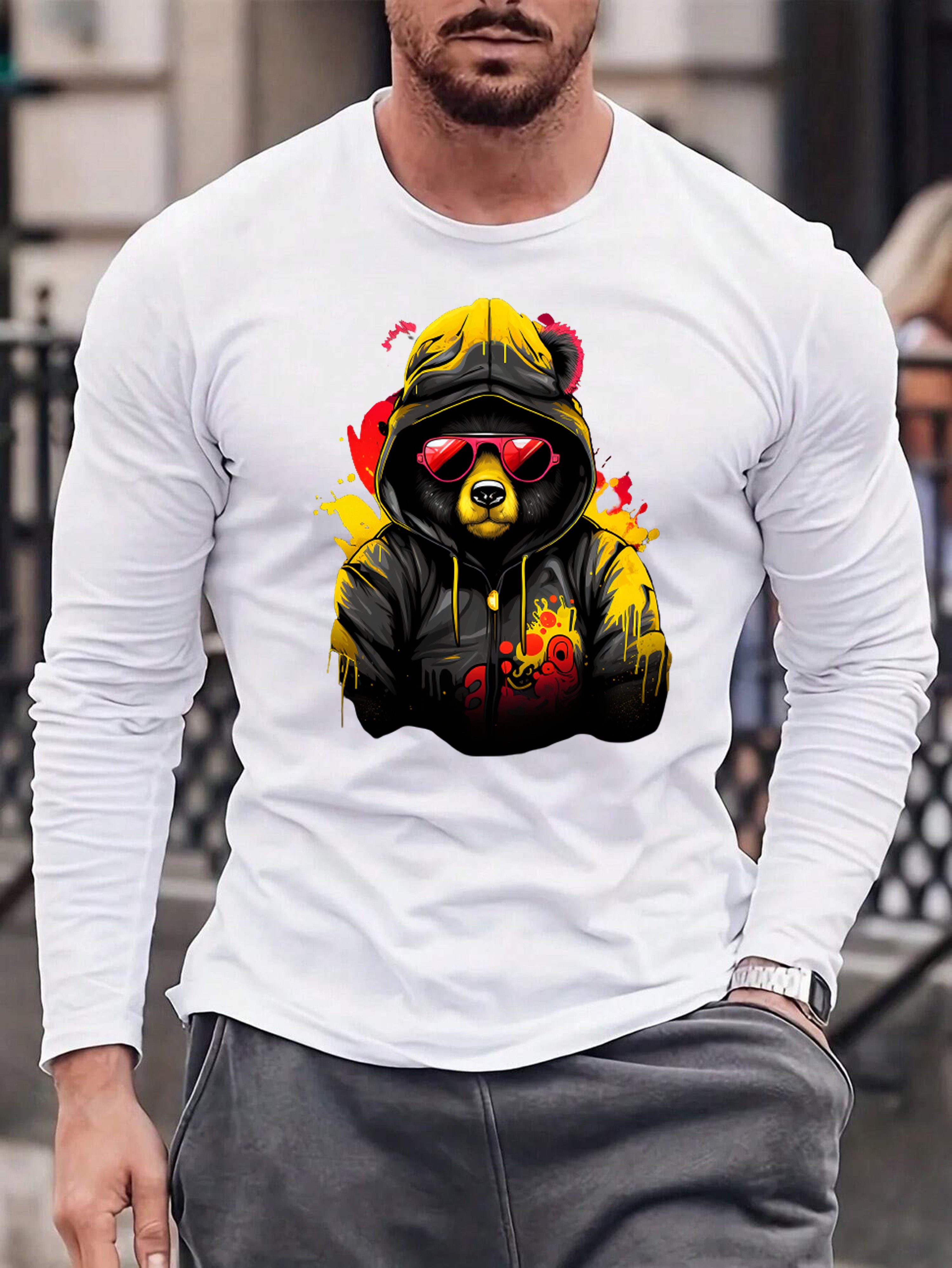 Langarmshirt Herren Longsleeve Rundhals Basic Teddybär Bär