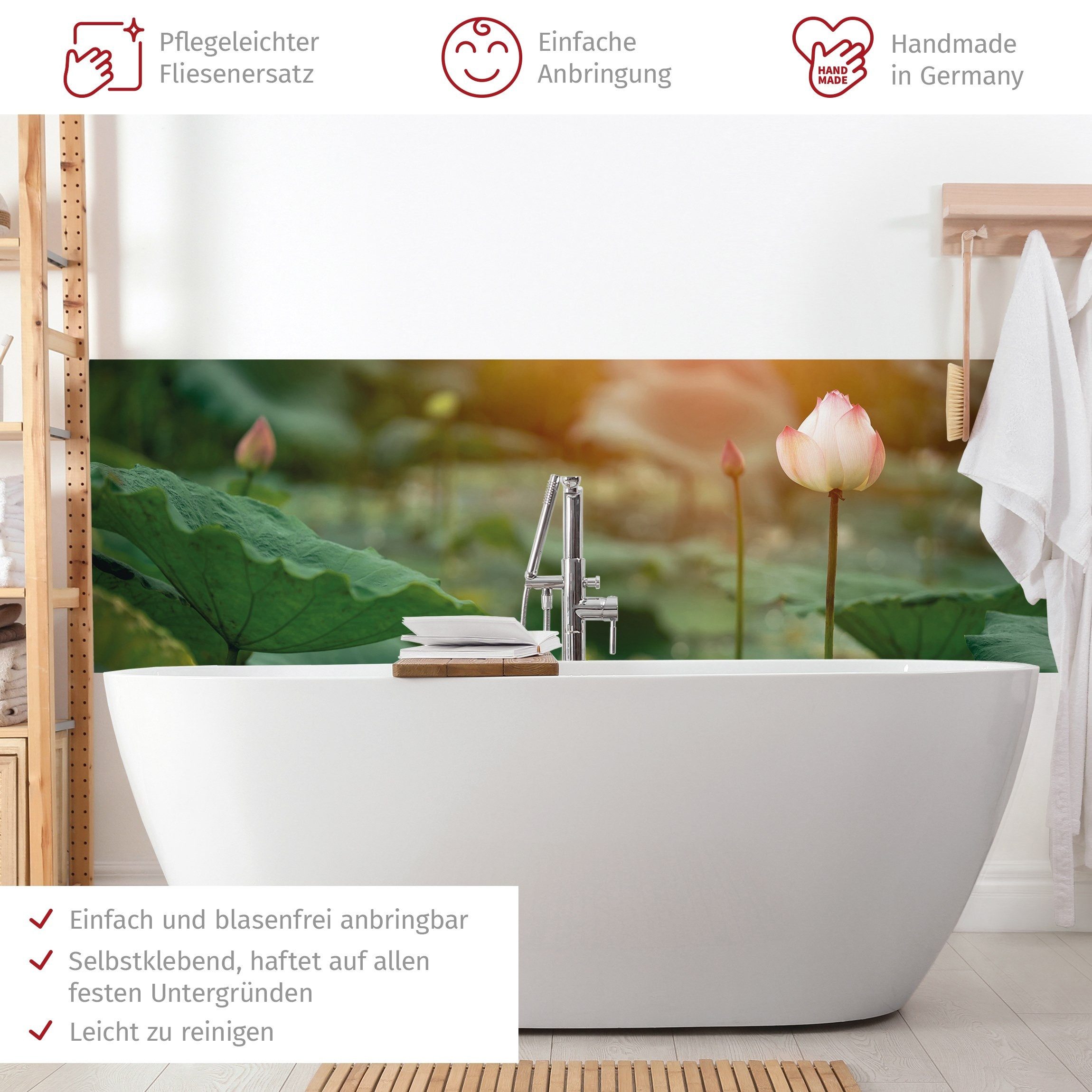 Bilderdepot24 Badrückwand grün fugenlose Wandverkleidung Bad mit Motiv, (Hartfolie matt » Selbstklebend SMART 0,35 mm), wasserfestes Wandpaneel Erblühende Seerose