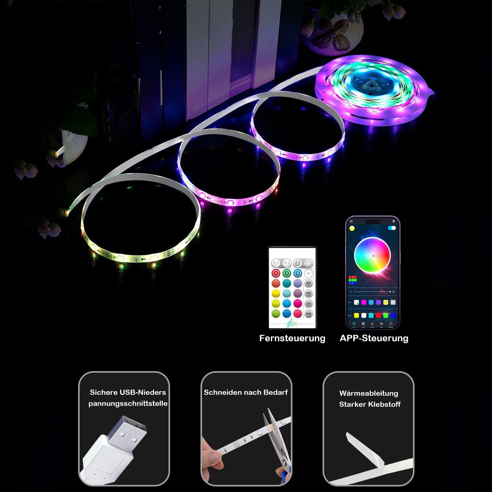 MUPOO LED Lichtleiste RGB LED-Streifen USB TV-Hintergrundbeleuchtung, LED-Stripe Nachtlicht, 2M--Fernbedienung, Musik-Sync,Gaming-Dekor Atmosphäre,LED Nachtlicht
