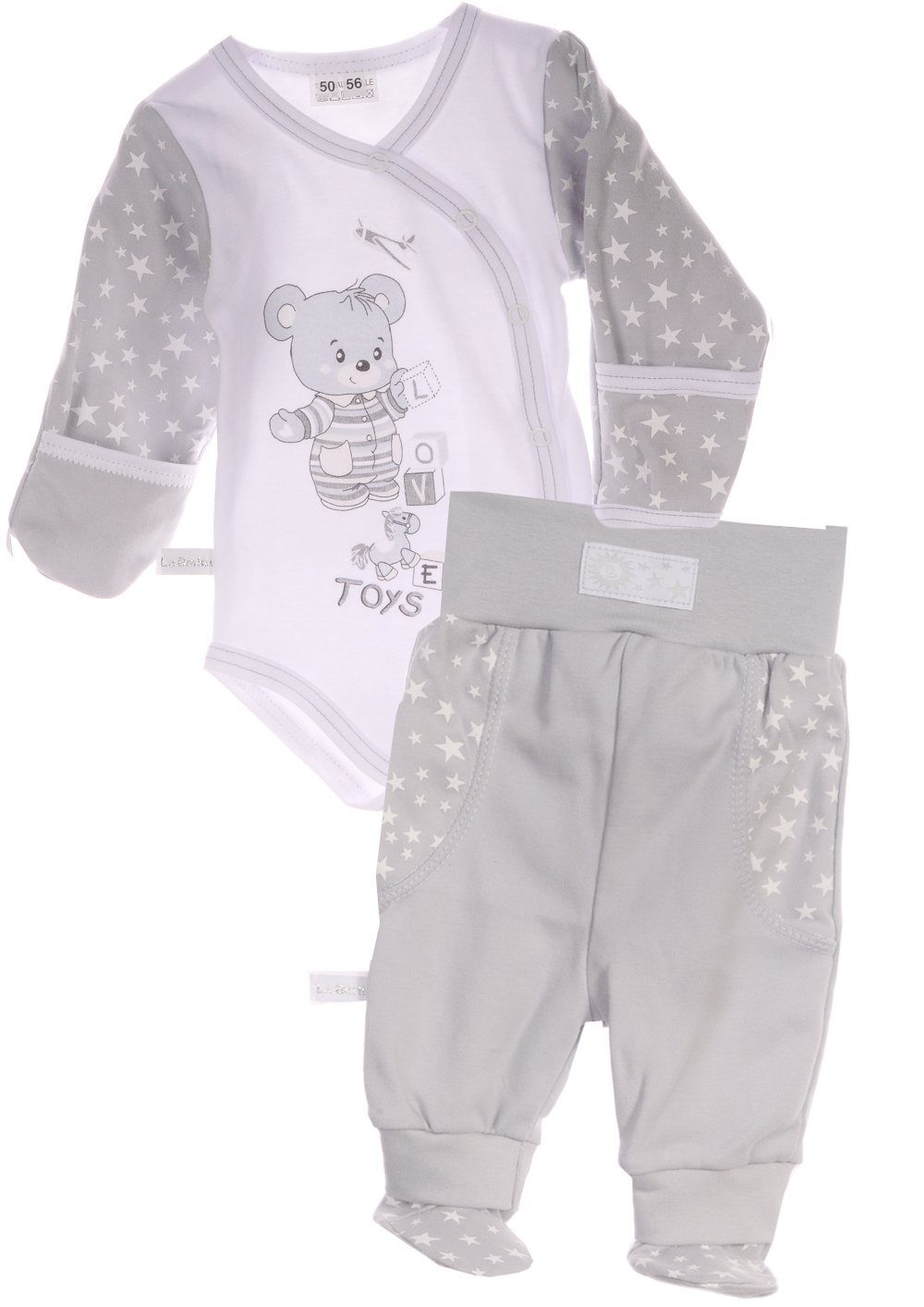 La Bortini Wickelbody Wickelbody Hose Baby Anzug Set Body in Grau mit Sternchen aus reiner Baumwolle, 44 50 56 62 68 74 80 86