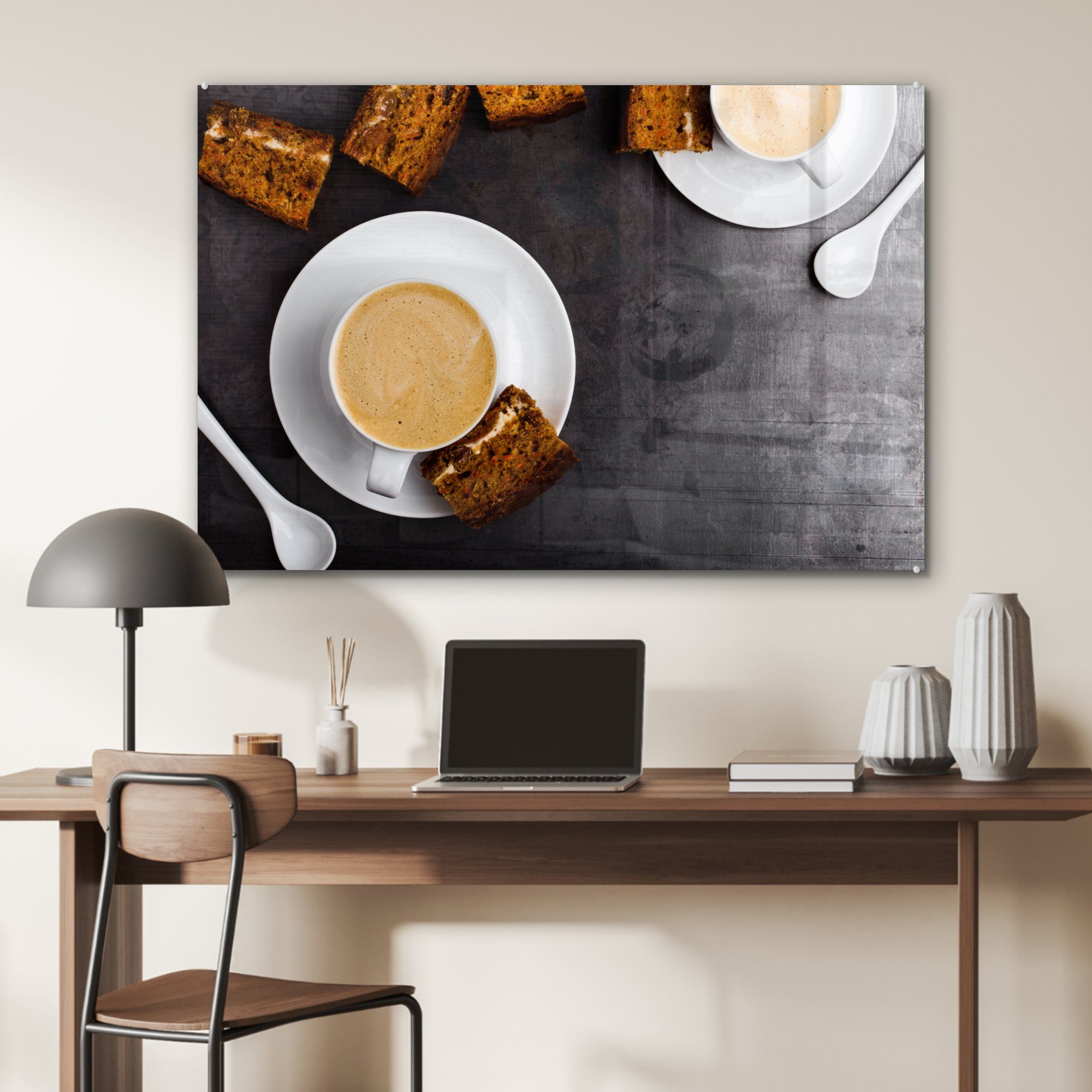 MuchoWow Acrylglasbild Zwei Stück (1 Tassen Schlafzimmer frischer Cappuccino Karottenkuchen, Wohnzimmer Acrylglasbilder mit & St), einem