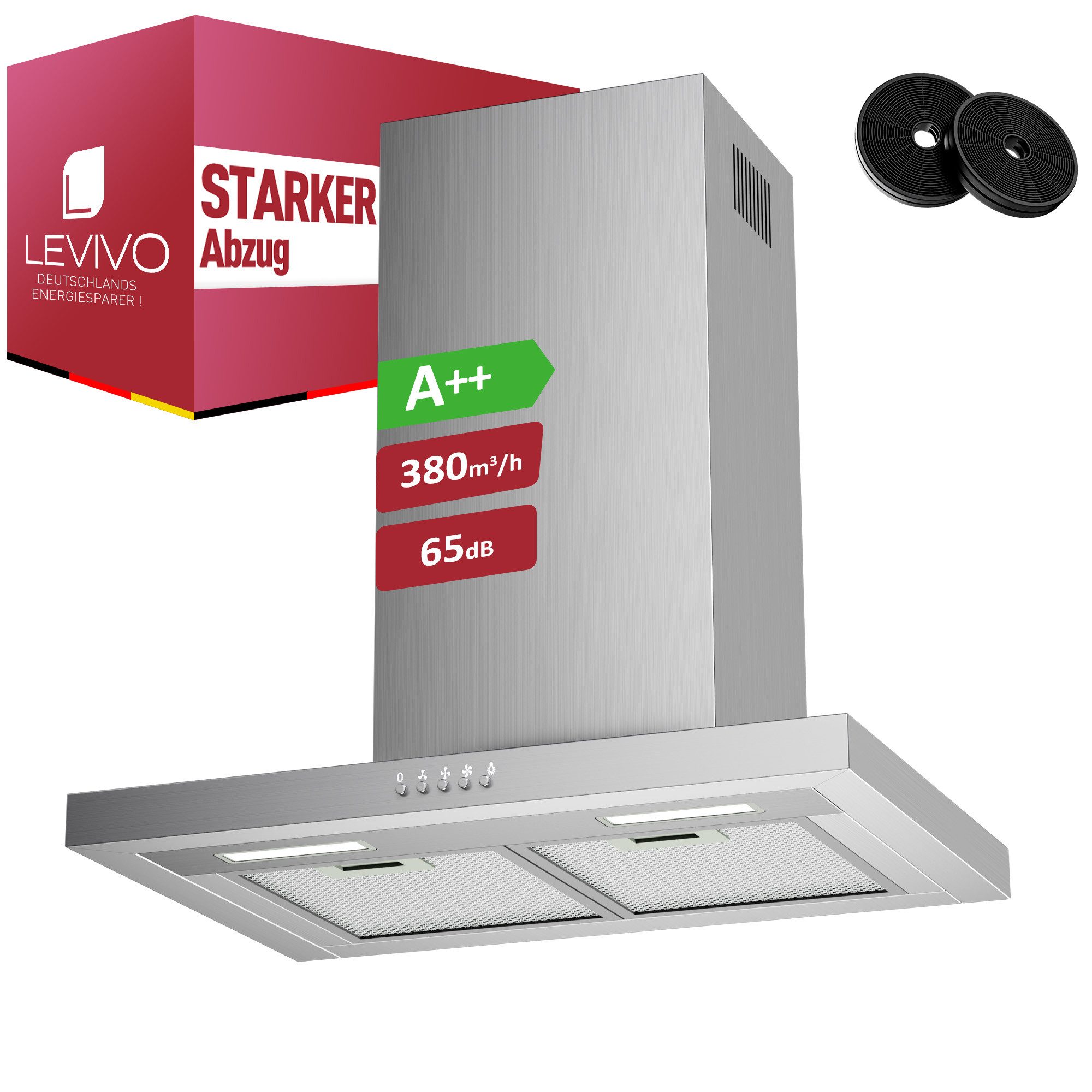 Levivo Wandhaube A++ Dunstabzugshaube 60cm Umluft & Abluft mit 380 m³/h A++ Dunstabzugshaube 60cm Umluft & Abluft mit 380 m³/h, Aktivkohlefiltern, Fettfiltern, LED-Beleuchtung