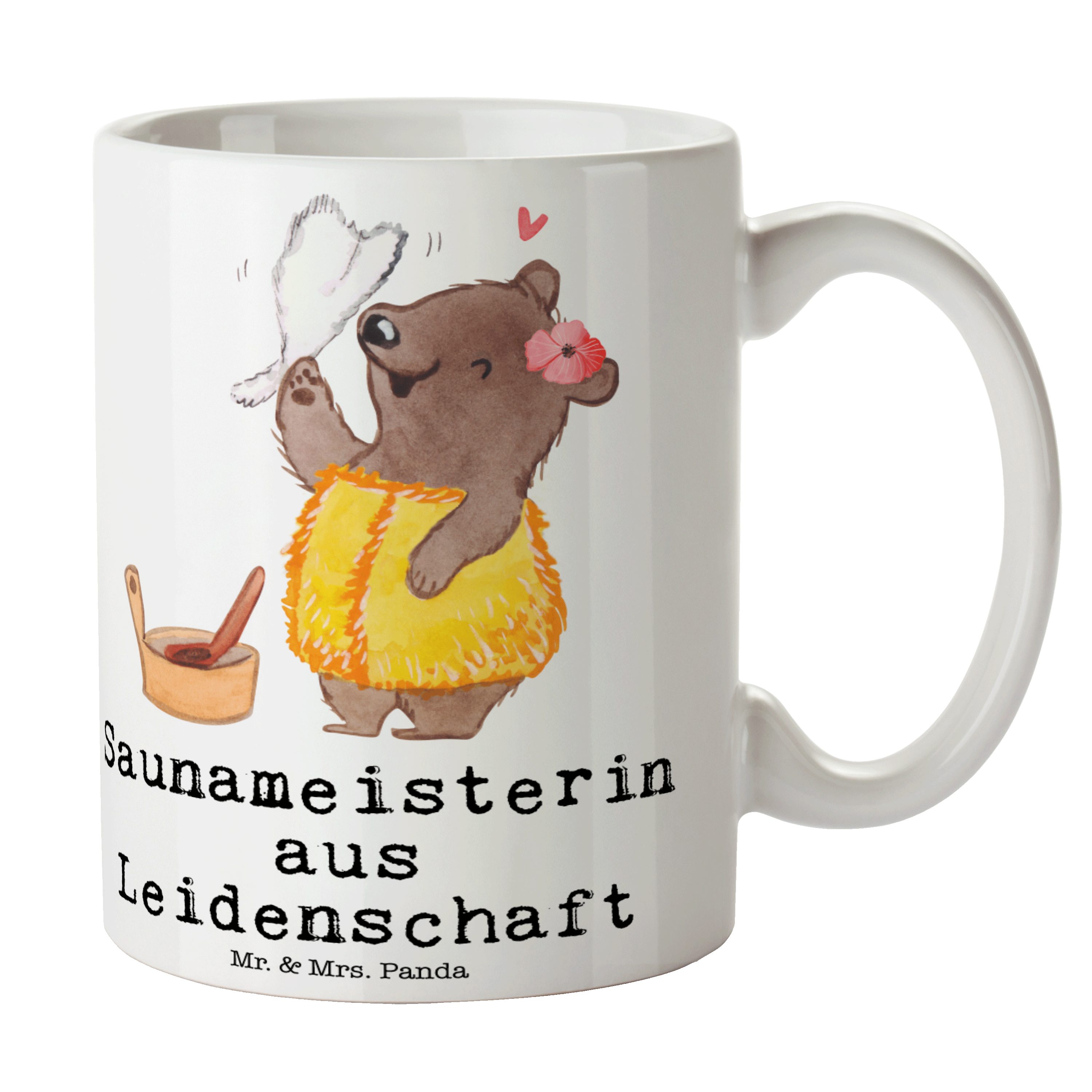 Mr. & Mrs. Panda Tasse Saunameisterin aus Leidenschaft - Weiß - Geschenk, Büro Tasse, Becher, Keramik