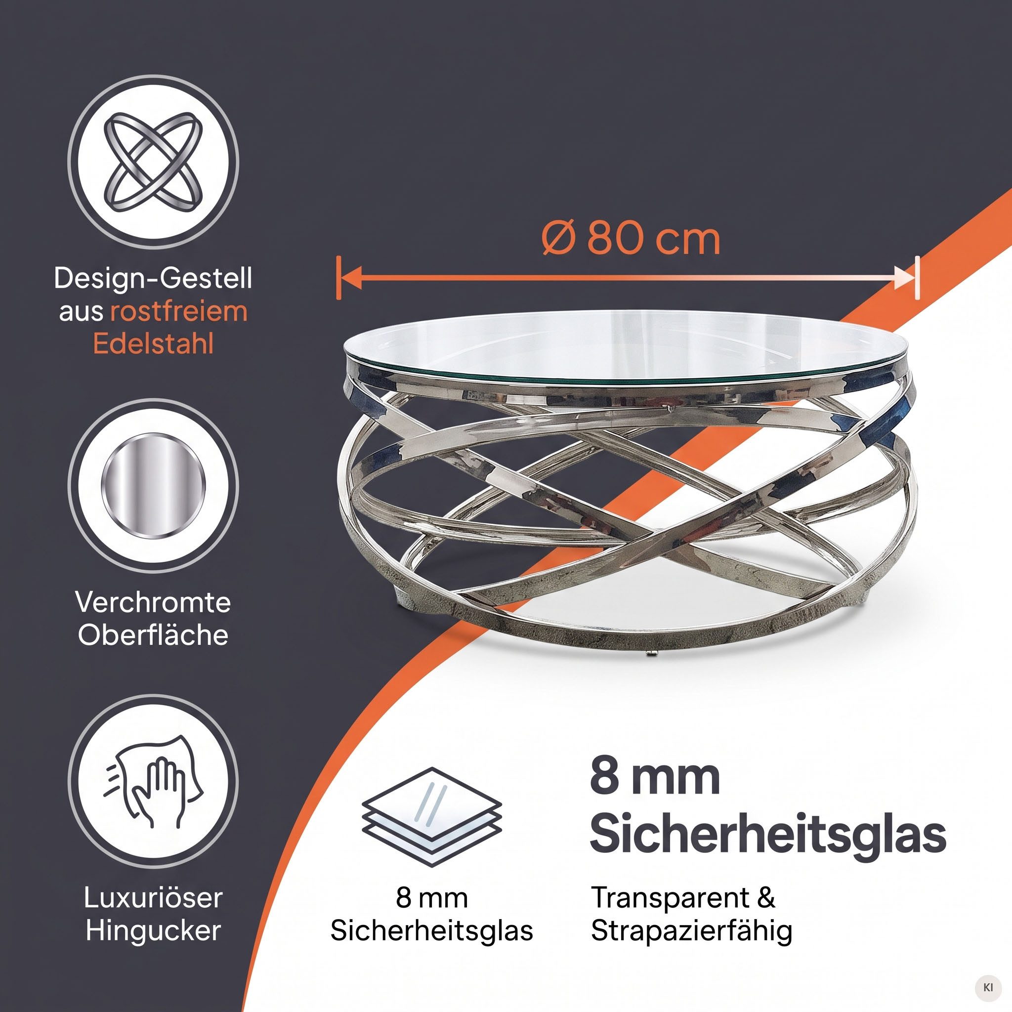 SalesFever Couchtisch mit Design-Gestell in Stainless Steel für stilvolles Wohnen, Gestell gefertigt aus rostfreiem Edelstahl
