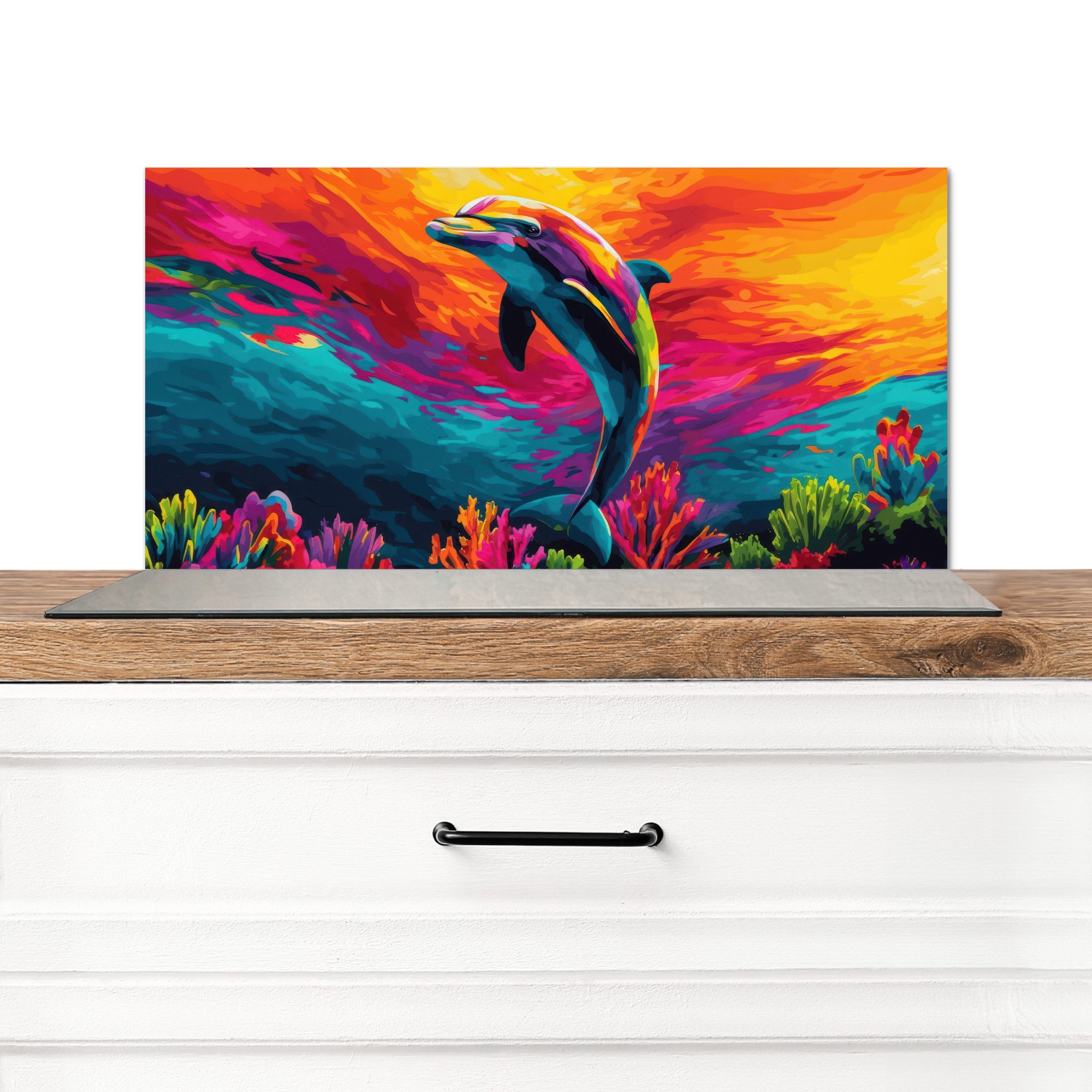 KitchenYeah Küchenrückwand Delfin - Farbenfroh - Ozean - Koralle, (1-tlg), Spritzschutz Küchenrückwand, Wandschutz, 60x30 cm