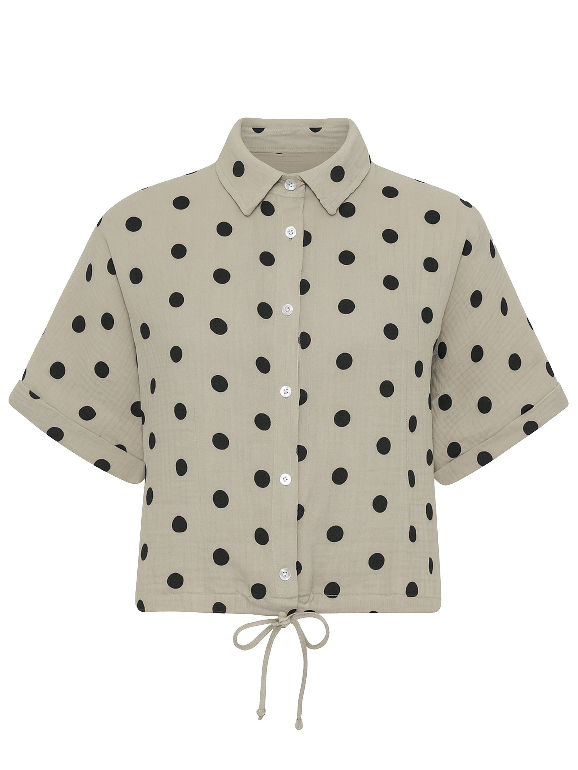 SASSYCLASSY Langarmbluse Bluse mit Zugband und Punkten für Damen Leichte Baumwollbluse mit halblangen Ärmeln und Hemdkragen Taupe