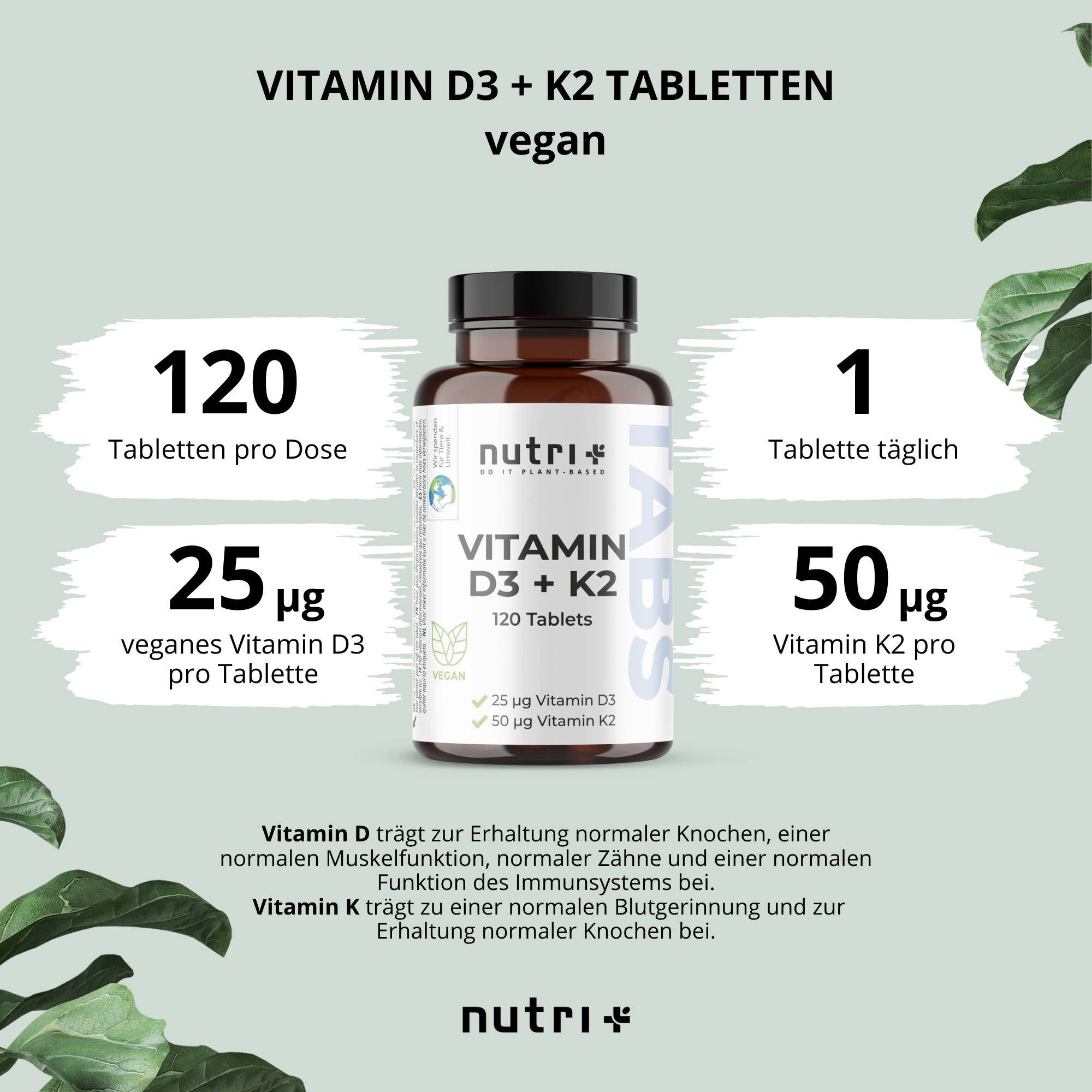 nutri+ Vitamin D3 K2 Tabletten - vegan und hochdosiert Kapseln, 1 er 120 St.