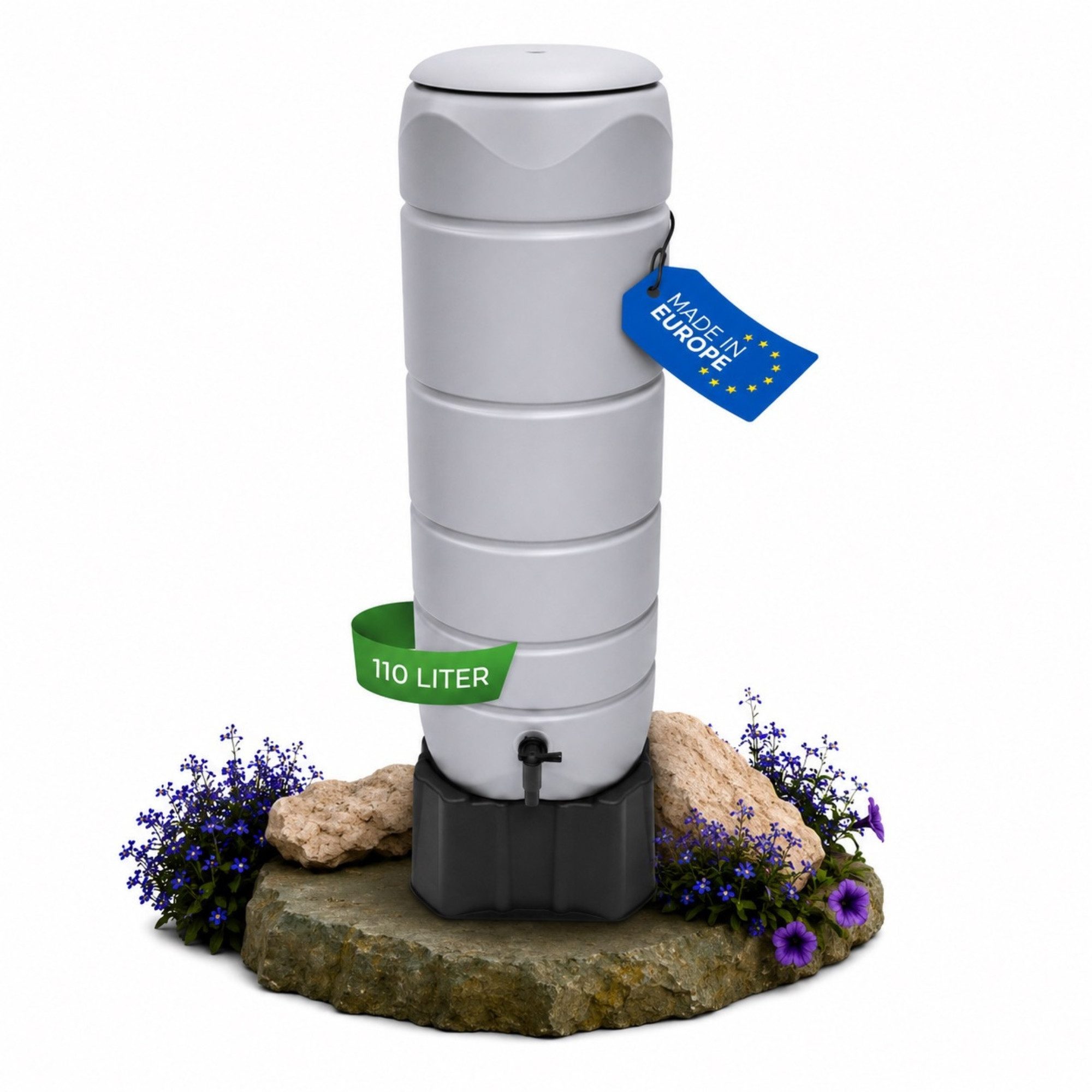 YourCasa Regentonne [CircleTower] 110L mit Standfuss, Deckel & Wasserhahn - Regenfass, Schmal, Inkl. Standfuss 39,6 x 130,3 cm, Wetterfest