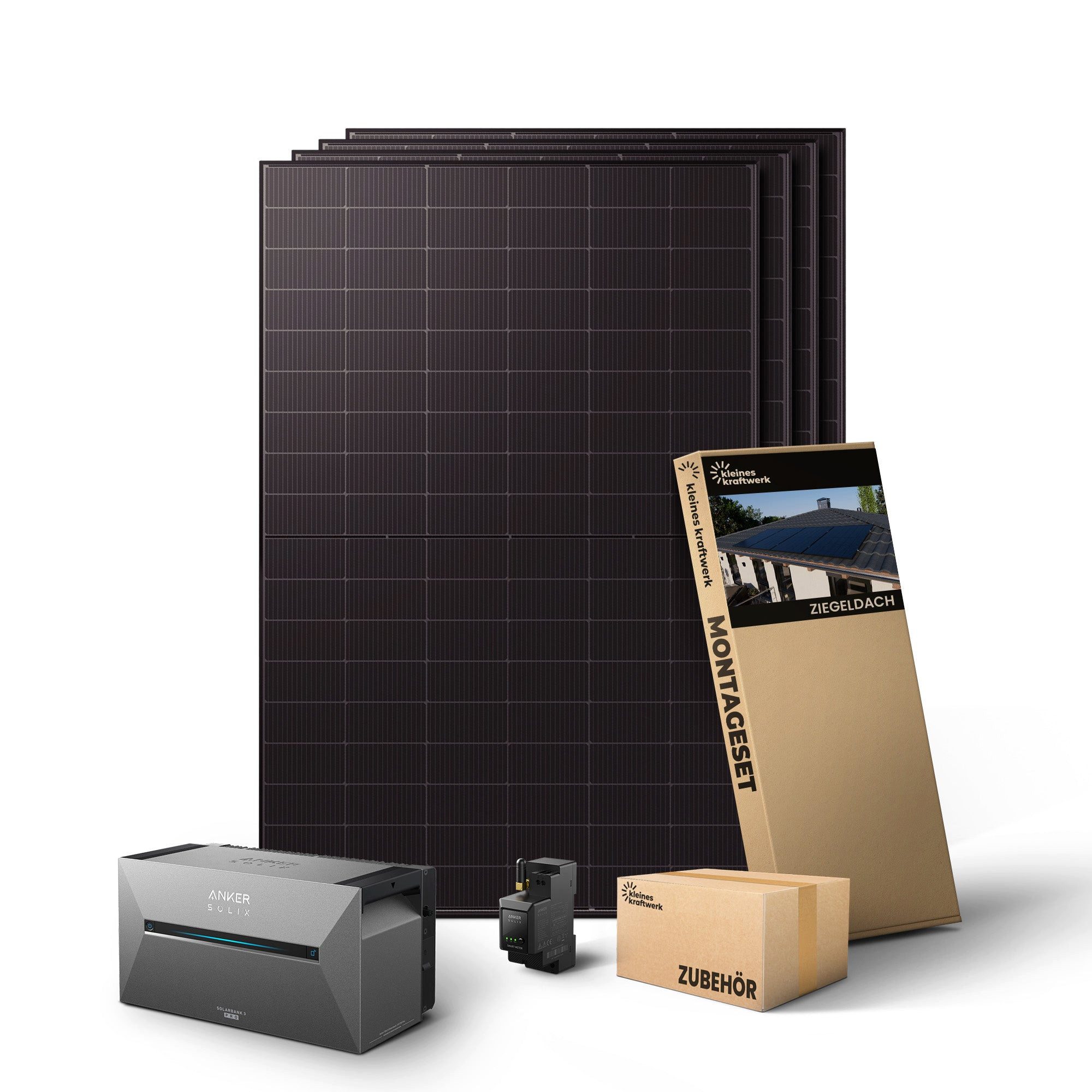 Kleines Kraftwerk Balkonkraftwerk, 2000 W, Monokristallin, (Ziegeldach, 0% MwSt für Privatkunden - Solaranlage Komplettset mit Speicher), 4 x 500W, Anker Solarbank 3 Pro, Wechselrichter