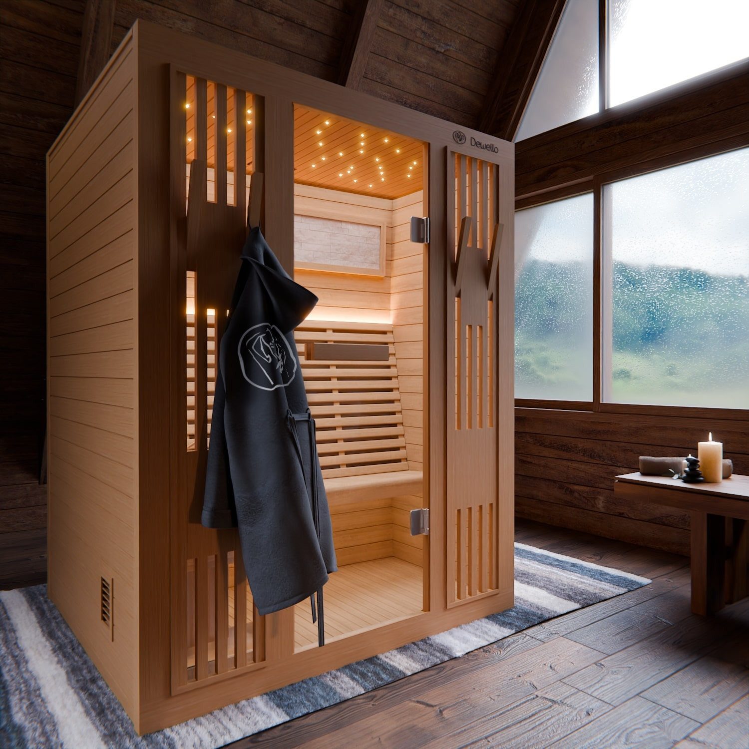 Dewello Sauna MINTO 150x130 Finnische Sauna, 3 Personen, Saunaofen, Harvia 4,5KW, BxTxH: 150 x 130 x 190 cm