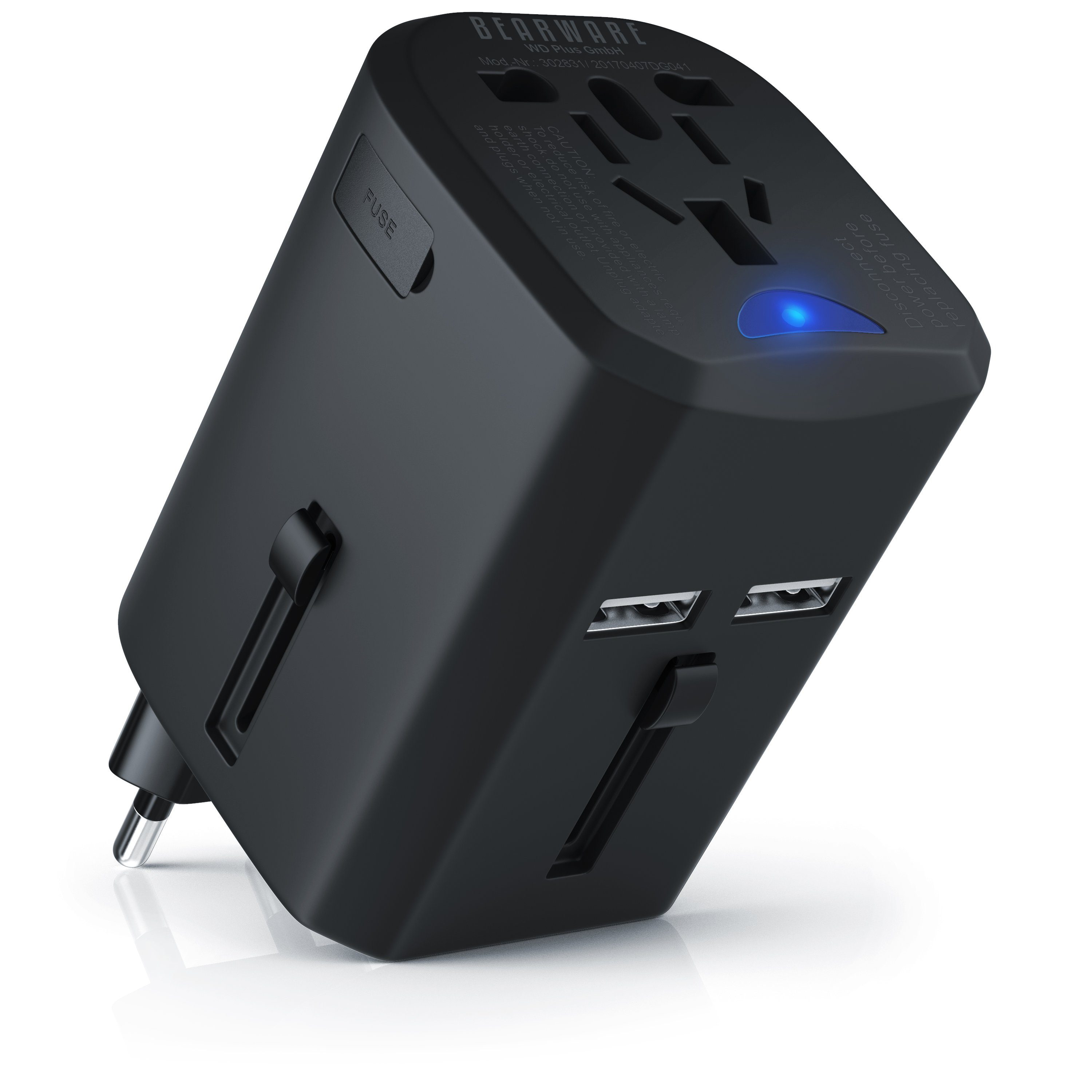 BEARWARE Reisestecker, Reise Steckdosen Adapter weltweit mit USB Ladegerät Reiseadapter, Universal, USB Ladestation, für 140 Länder/Regionen, 2x USB Buchse