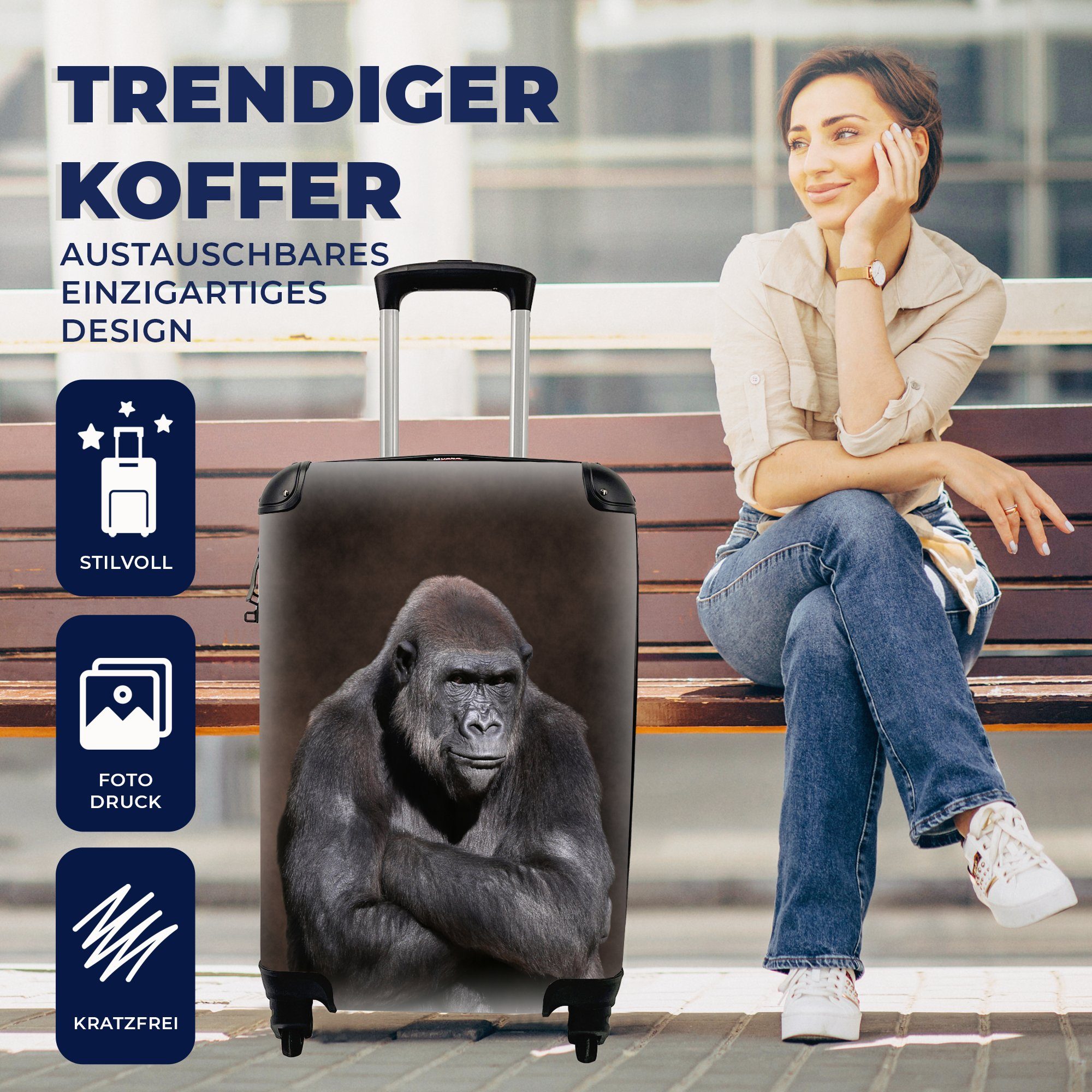Gorillas Handgepäckkoffer Reisetasche Ein eines mit rollen, Porträt Ferien, 4 für mit Rollen, Trolley, Händen, Handgepäck Reisekoffer MuchoWow gekreuzten