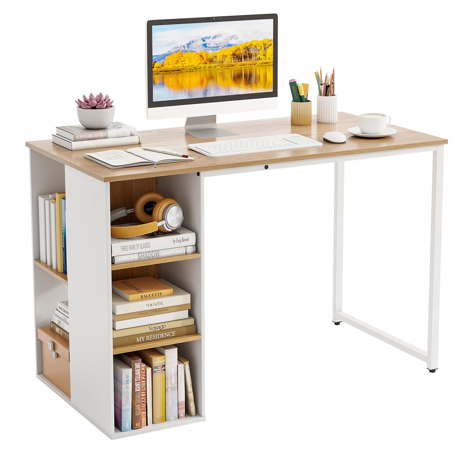 COSTWAY Computertisch, Home-Office-Schreibtisch mit 5 Aufbewahrungsfächern