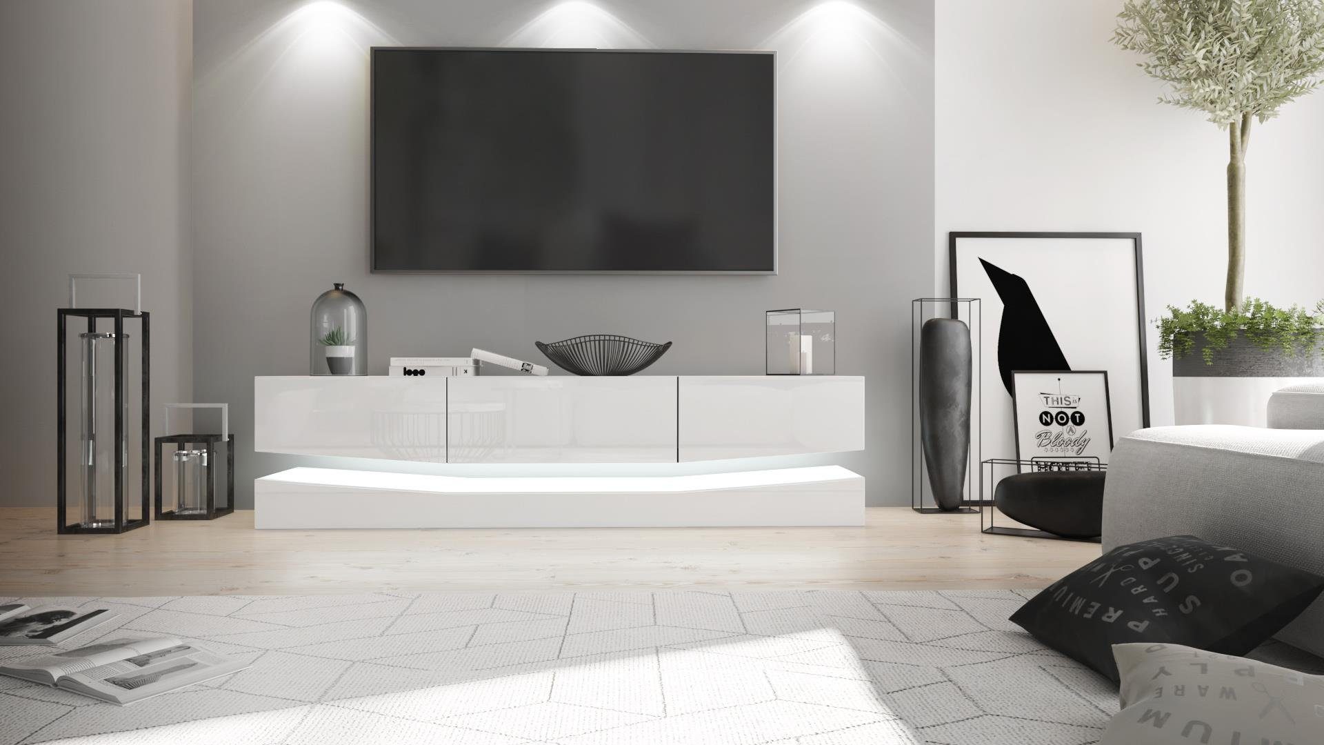 Vladon Lowboard City (TV-Kommode mit Sockelelement, 1 offenem Fach und 3 Schubkästen), Weiß matt/Weiß Hochglanz, inkl. LED-Beleuchtung (178xvariabelx39 cm) – Bild 3 von 5