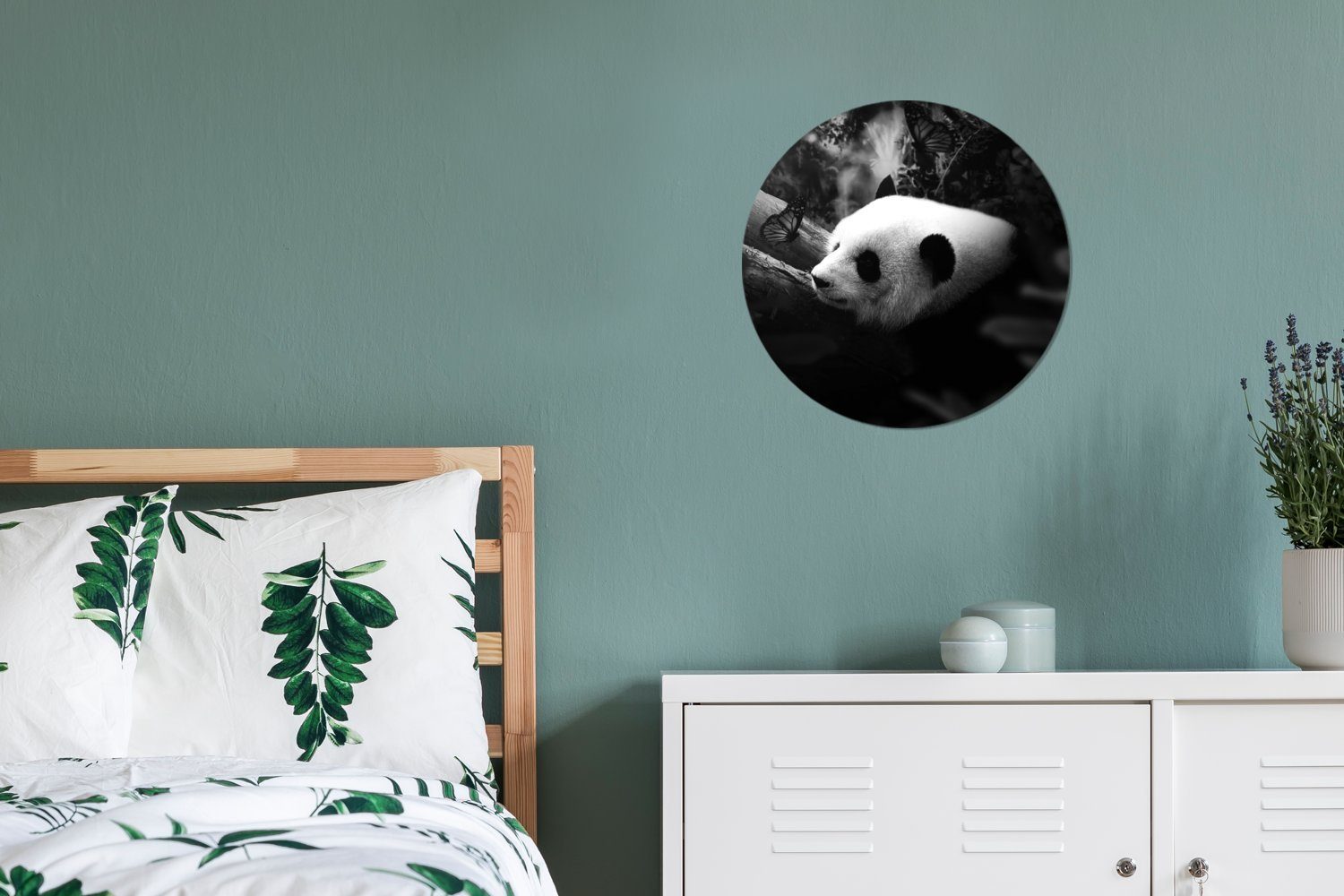 Schwarz für - Tapetenkreis Weiß - Wohnzimmer - Wandsticker - Panda (1 Rund, MuchoWow Kinderzimmer, St), Tapetenaufkleber, Dschungel Tiere