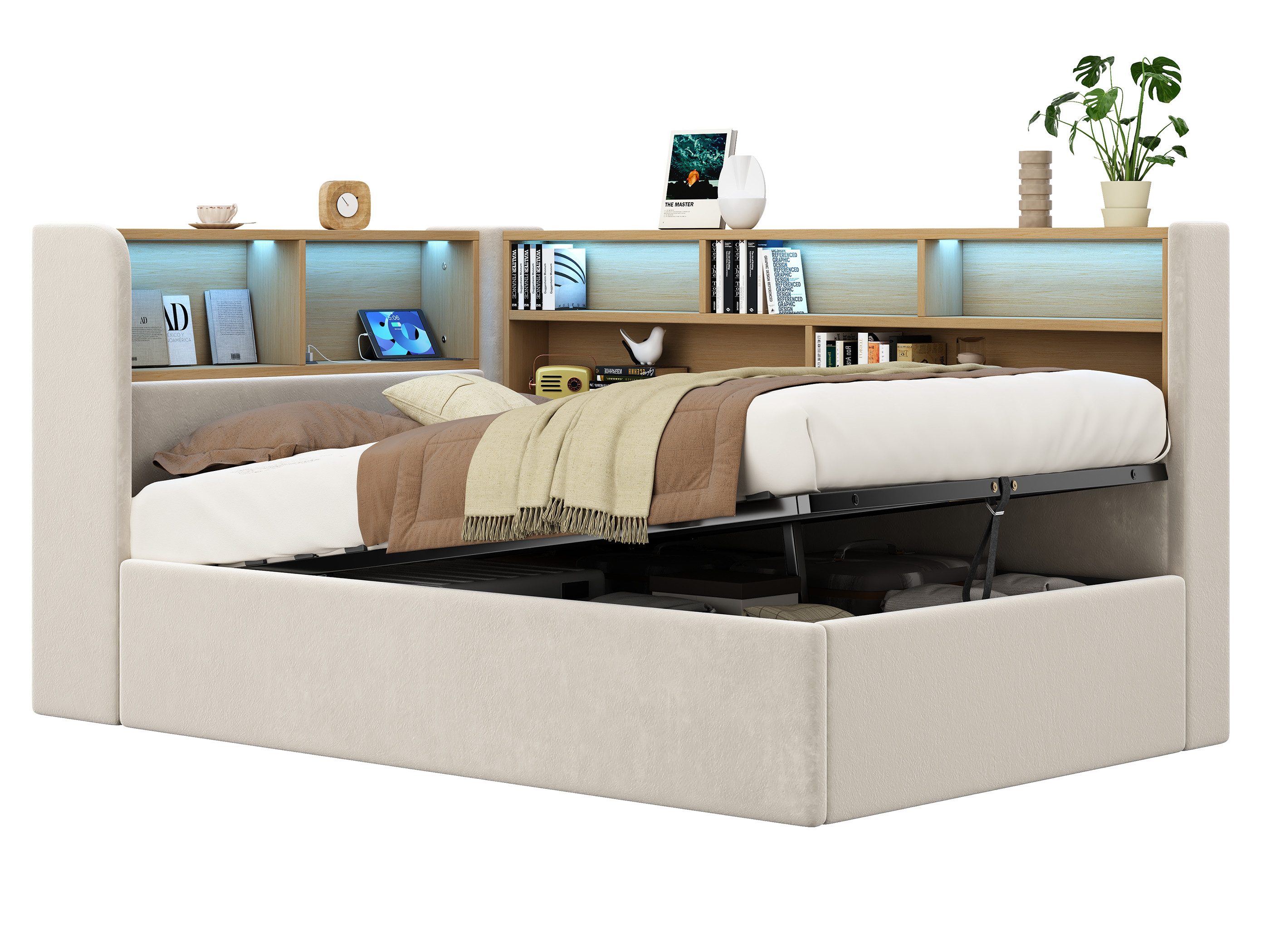 SeedWave Daybett Samt Polsterbett mit Stauraum, LED & USB Anschlüssen, 90/140×200cm, Tagesbett mit Hydraulik, 7 Ablagefächern