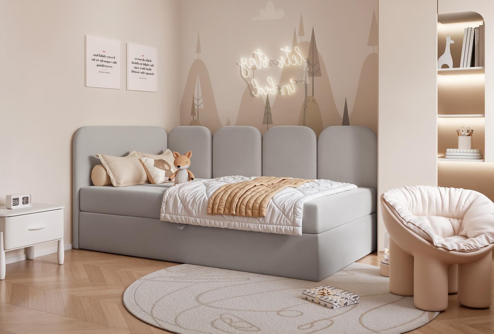 Compleo Boxspringbett Jugendbett DREAMY, Polsterbett mit Bettkasten, 80/90/100/120x200, Kopfteil links oder rechts, Boucle oder Velvet