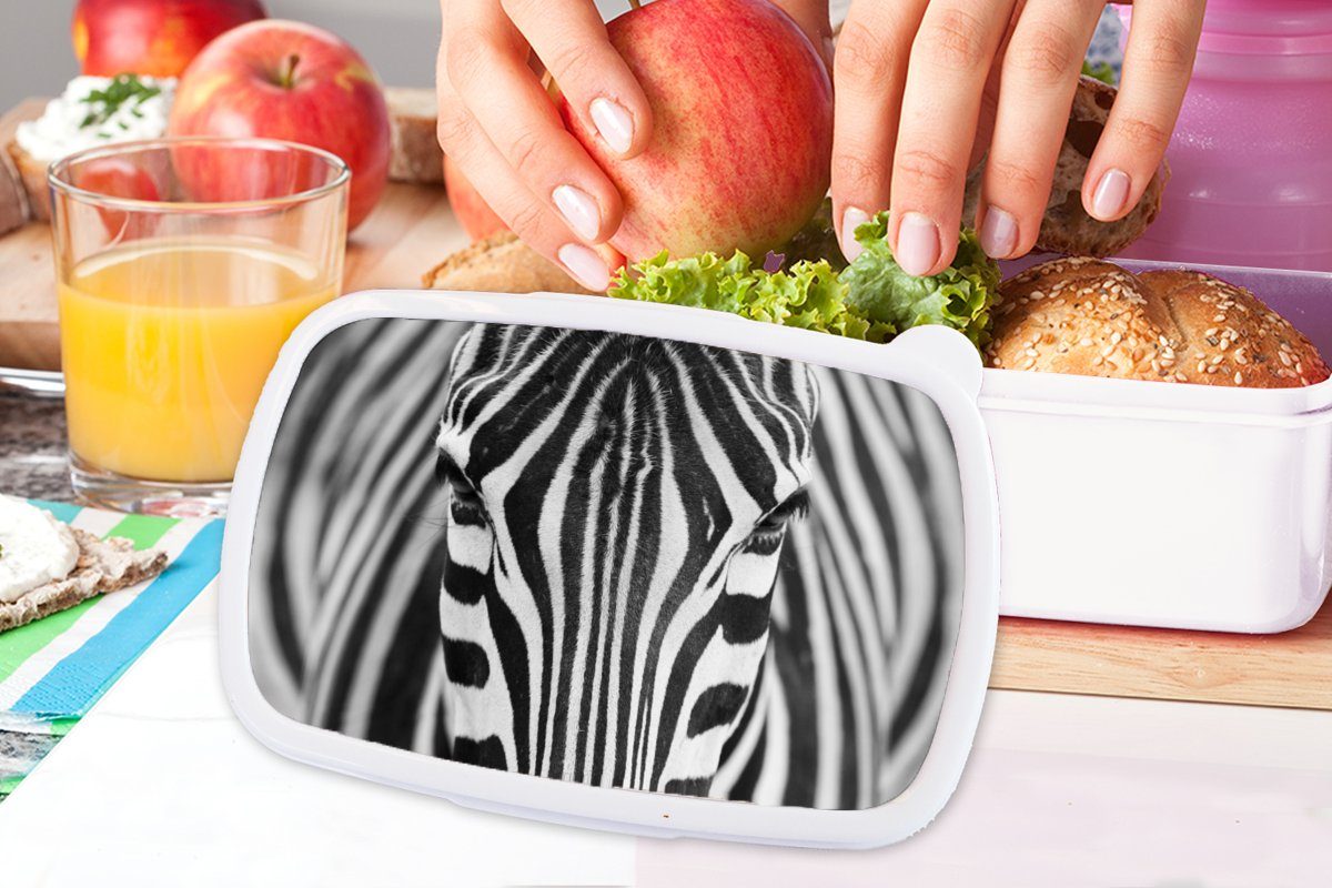 MuchoWow und Tiere Mädchen Kunststoff, - Brotdose, und für Kinder Lunchbox Zebra Erwachsene, (2-tlg), und - für Jungs Brotbox weiß - Schwarz Porträt,