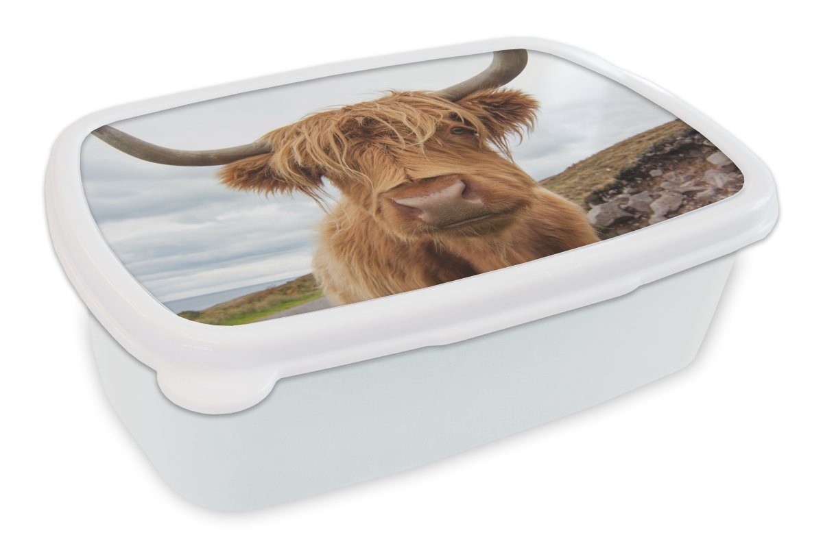 MuchoWow Lunchbox Schottischer Highlander - - Kunststoff, und Hörner Kinder für Brotdose, Mädchen und weiß Berg, (2-tlg), für Erwachsene, Jungs Brotbox