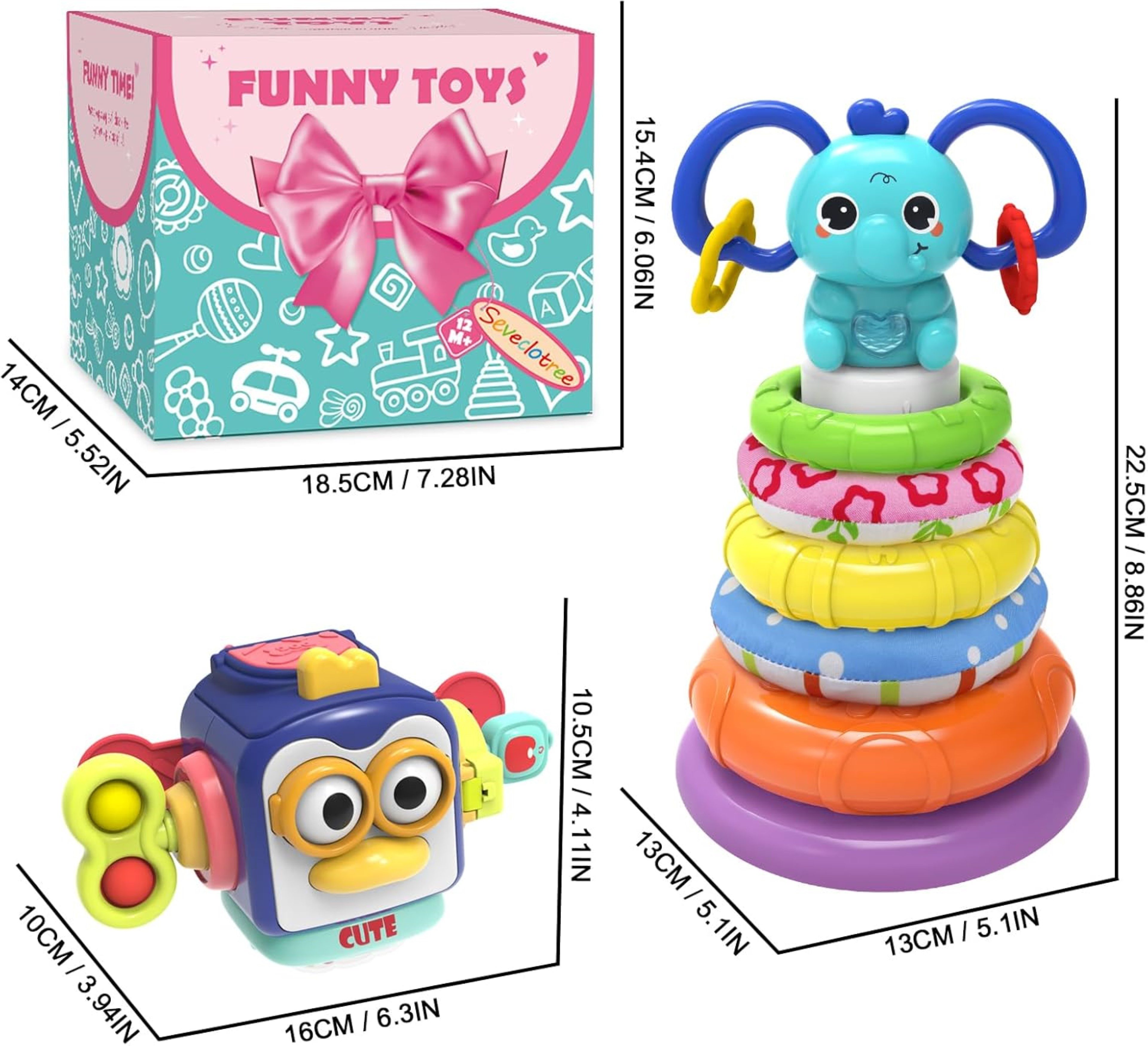 seveclotree Lernspielzeug seveclotree Baby Beiß-Spielzeug (2-in-1 Montessori Spiel- & Lernset für Kleinkinder, 2-St., Spielzeug-Set mit Elefant & Würfel für Kinder ab 12 Monaten), 2-in-1 Set: Stapelringe & sensorischer Würfel in einem Spielzeug