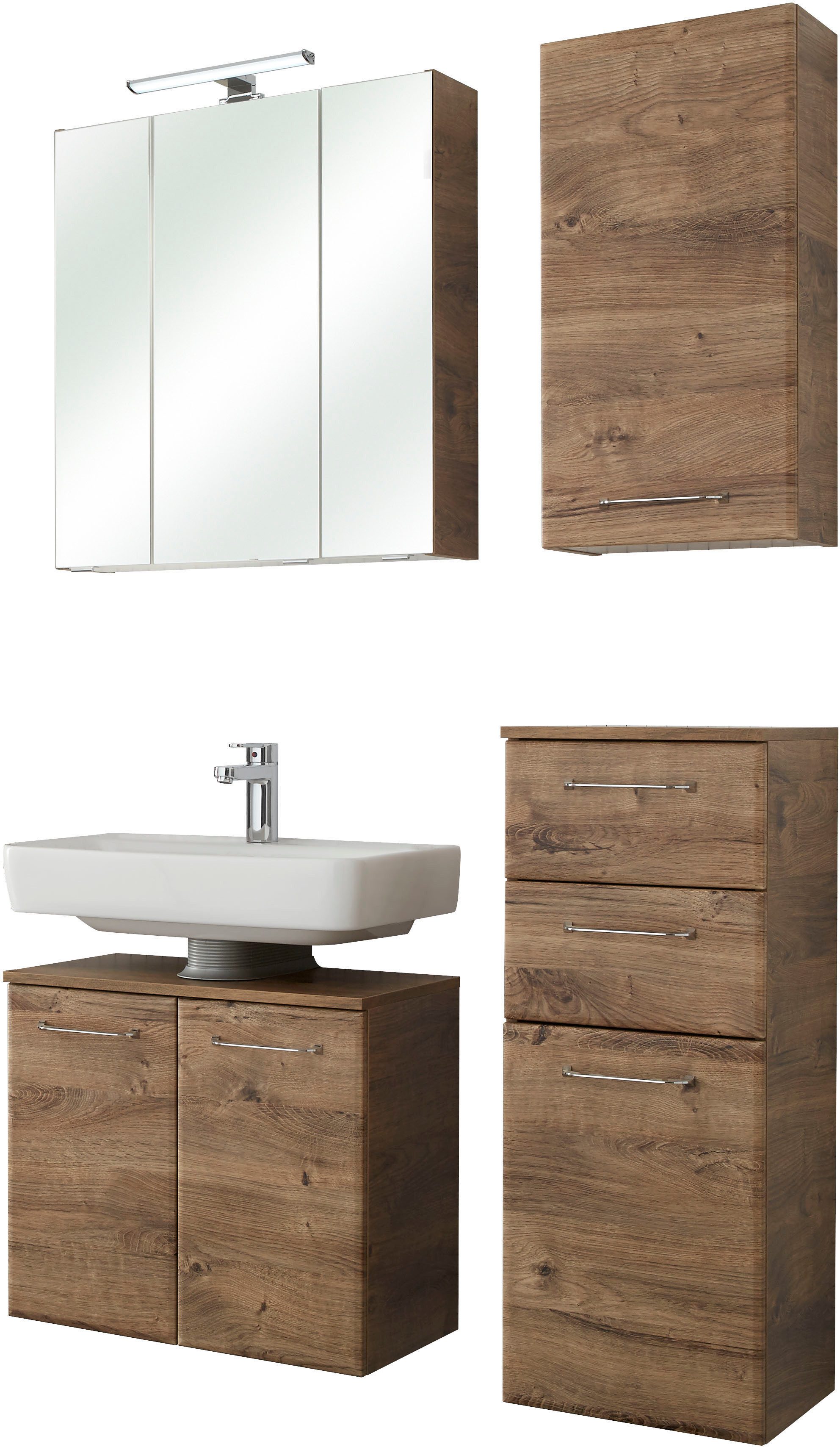 Saphir Badmöbel-Set Quickset 943 4-teilig, Glaswaschtisch und LED-Spiegelschrank, (Set, 4-St), Badmöbel ohne Waschbecken, inkl. Türdämpfer, 7 Türen, 2 Schubladen