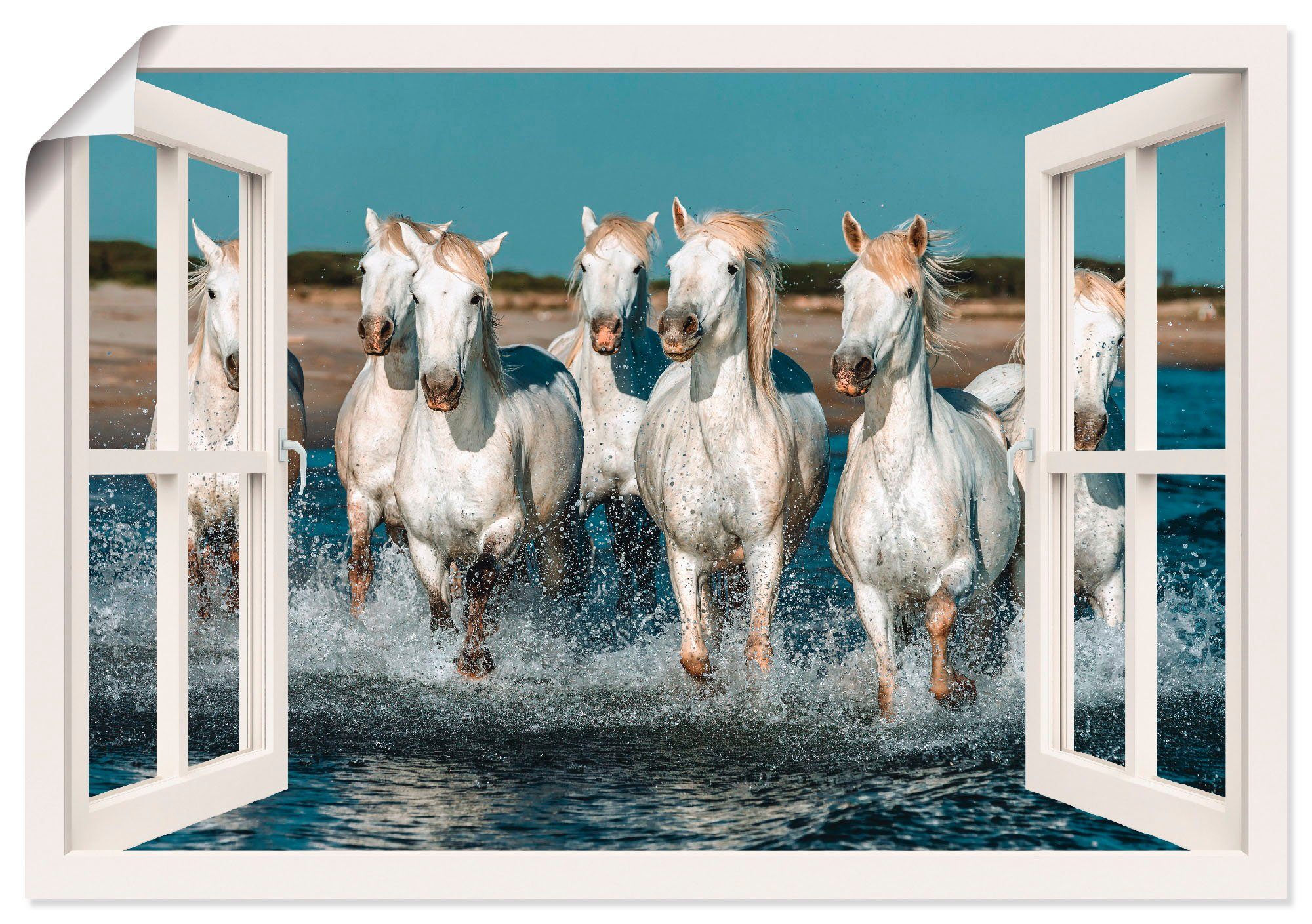 Artland Poster Fensterblick Pferde am Strand, Haustiere (1 St), als Alubild, Leinwandbild, Wandaufkleber oder Poster in versch. Größen