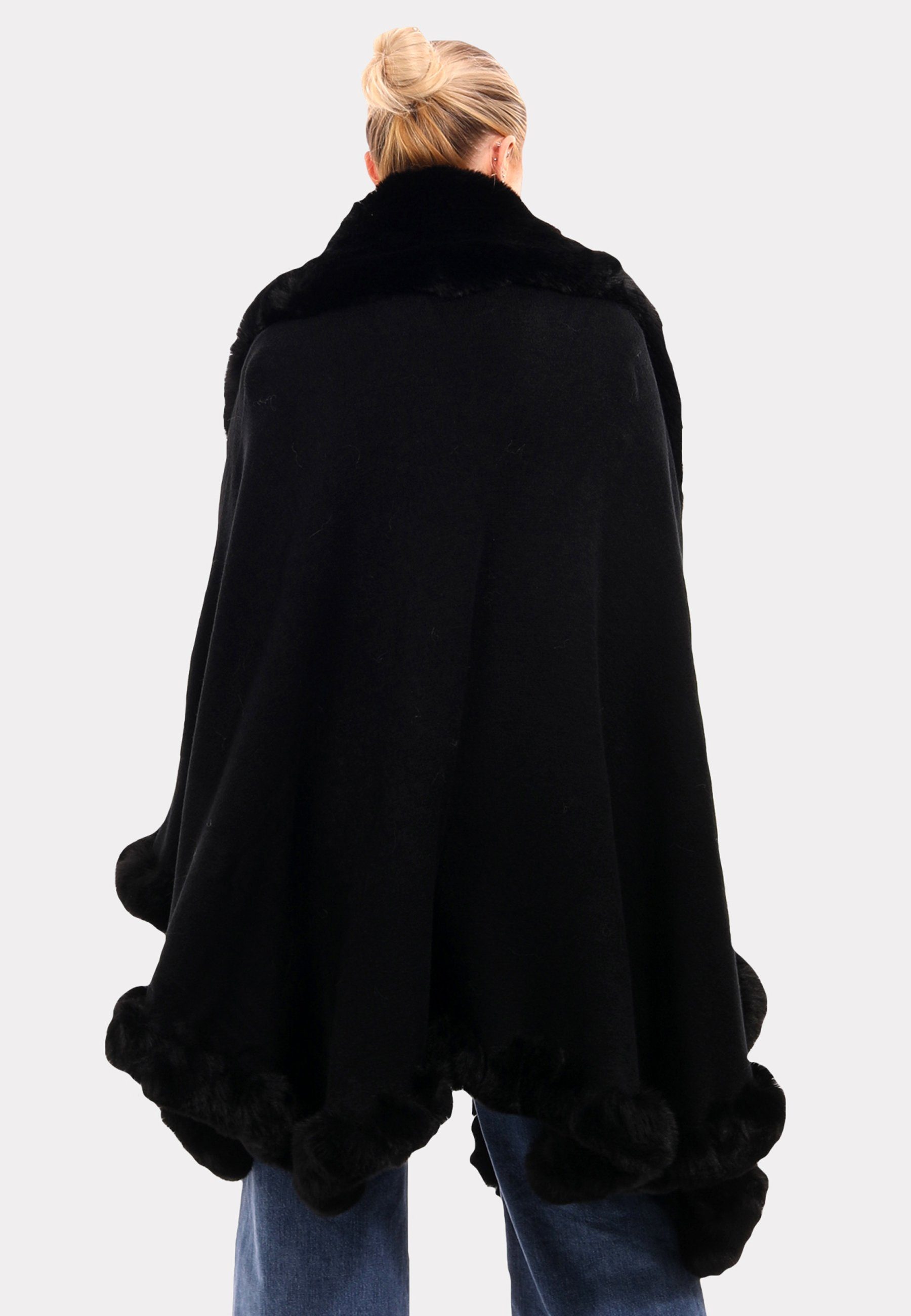 Unifarbe Kunstpelz-Besatz" Fließender schwarz Fashion Poncho Poncho "Edler (1-St) Style Luxuriösem YC in mit &