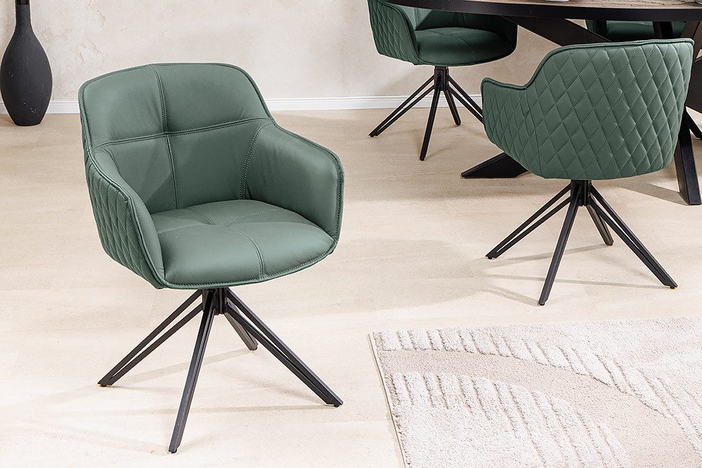 riess-ambiente Polsterstuhl EUPHORIA grün/schwarz – Echtleder, drehbar, Metall-Füße, mit Armlehne (Einzelartikel, 1 St), mit 180° Drehfunktion und Autoreturn – ideal für elegante Esszimmer