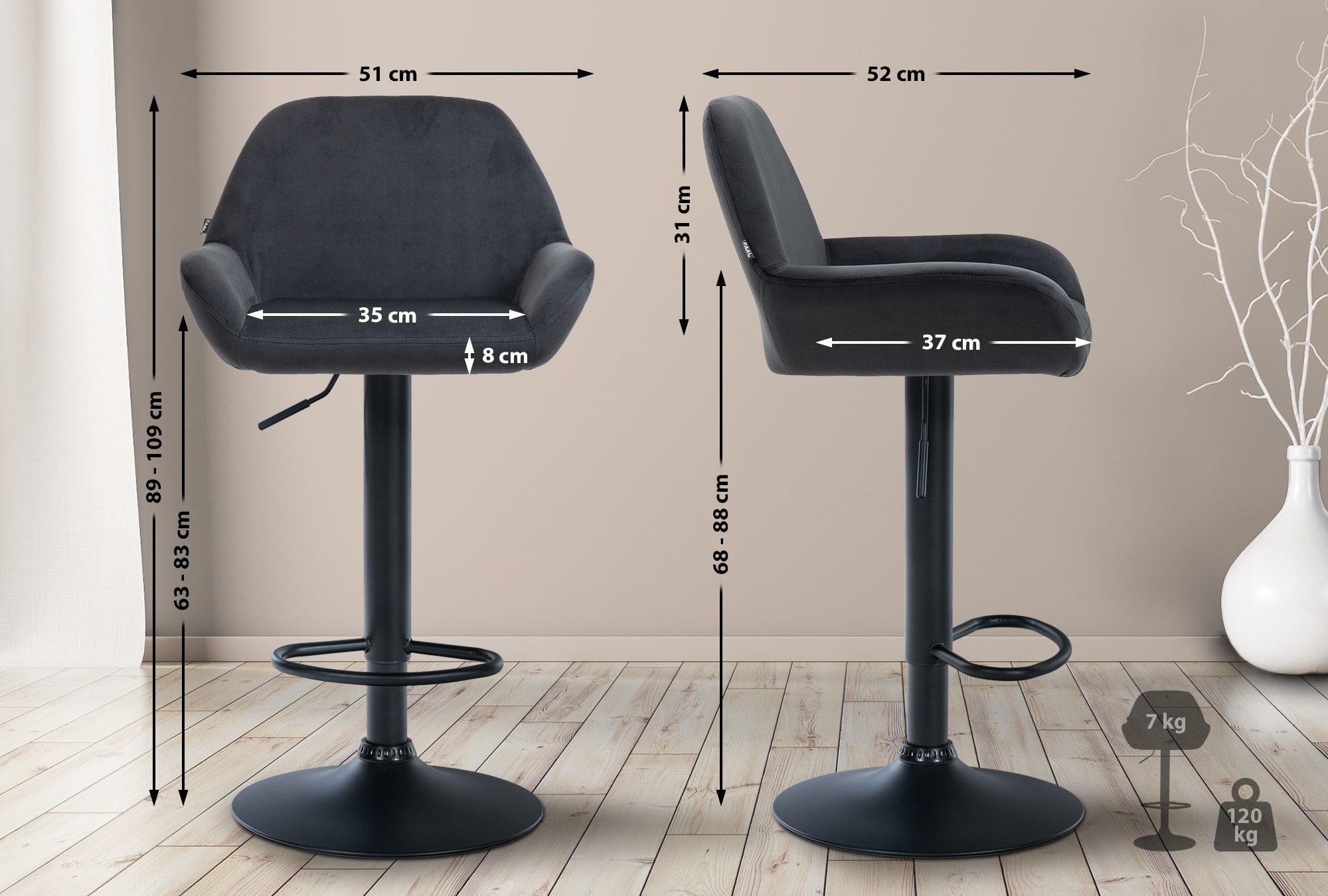 CLP Barhocker Braga Samt, drehbar und stufenlos höhenverstellbar