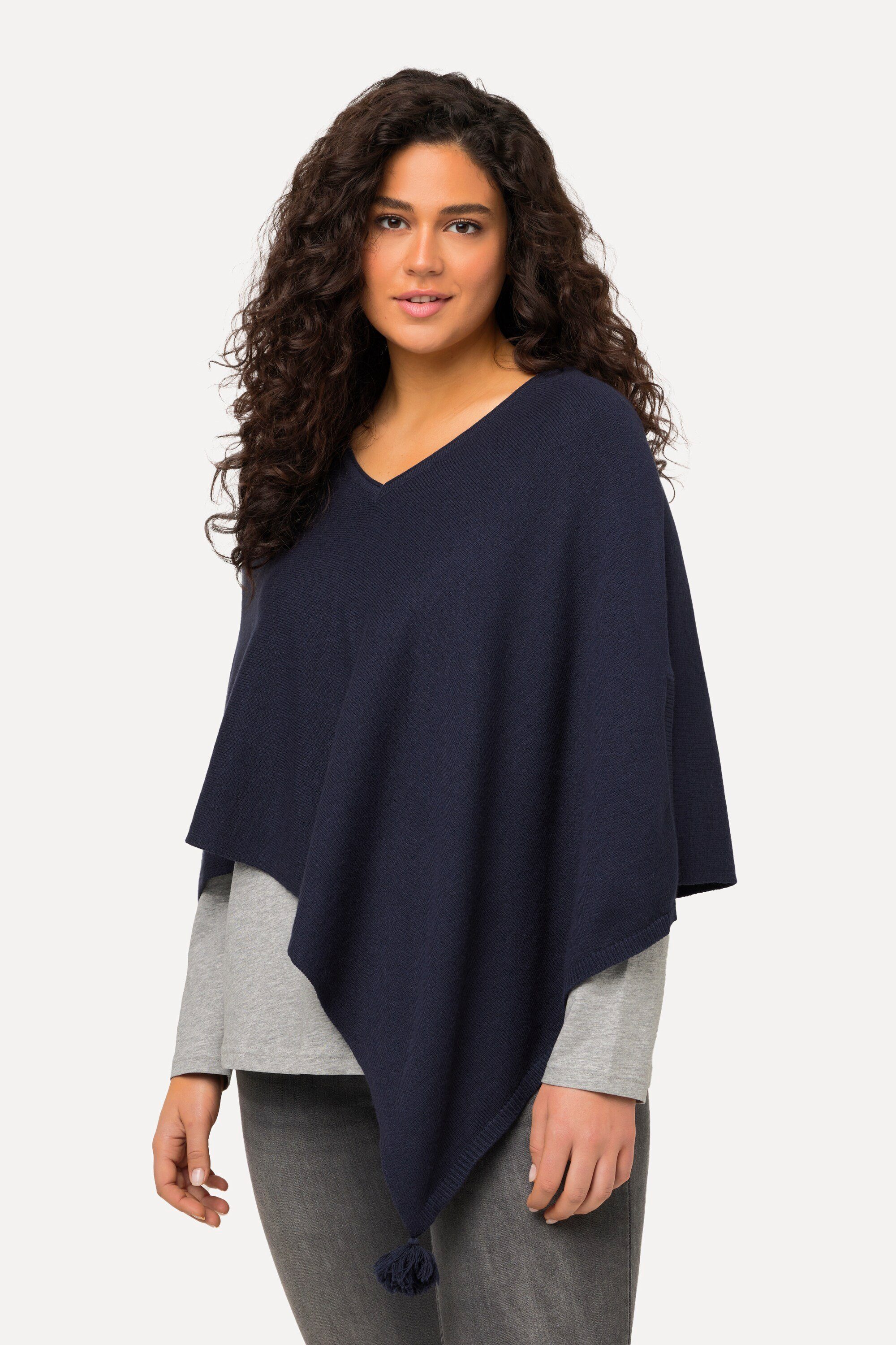 Ulla Popken Strickpullover Strick-Poncho Zipfelsaum Quaste V-Ausschnitt