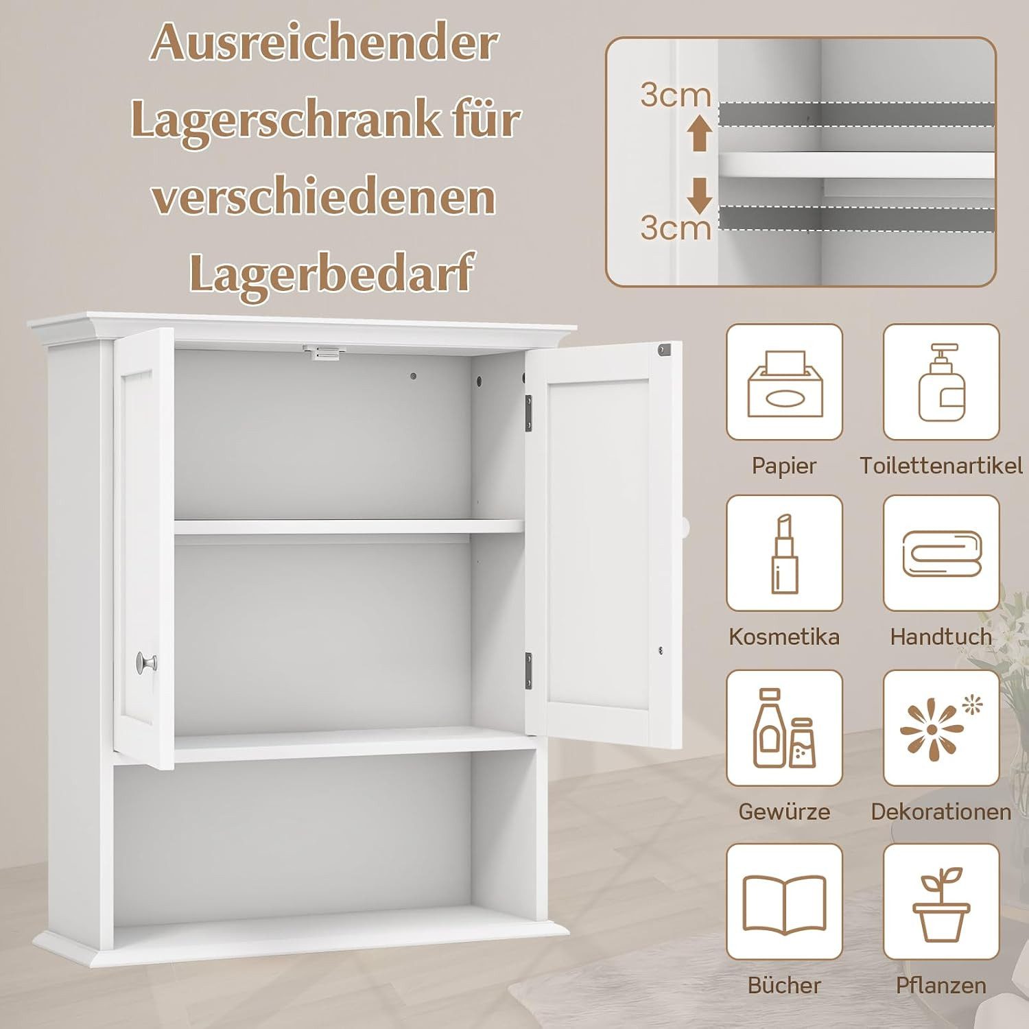 KOMFOTTEU Hängeschrank Badschrank Holz mit verstellbarem Regal,60×19×71cm – Bild 4 von 5