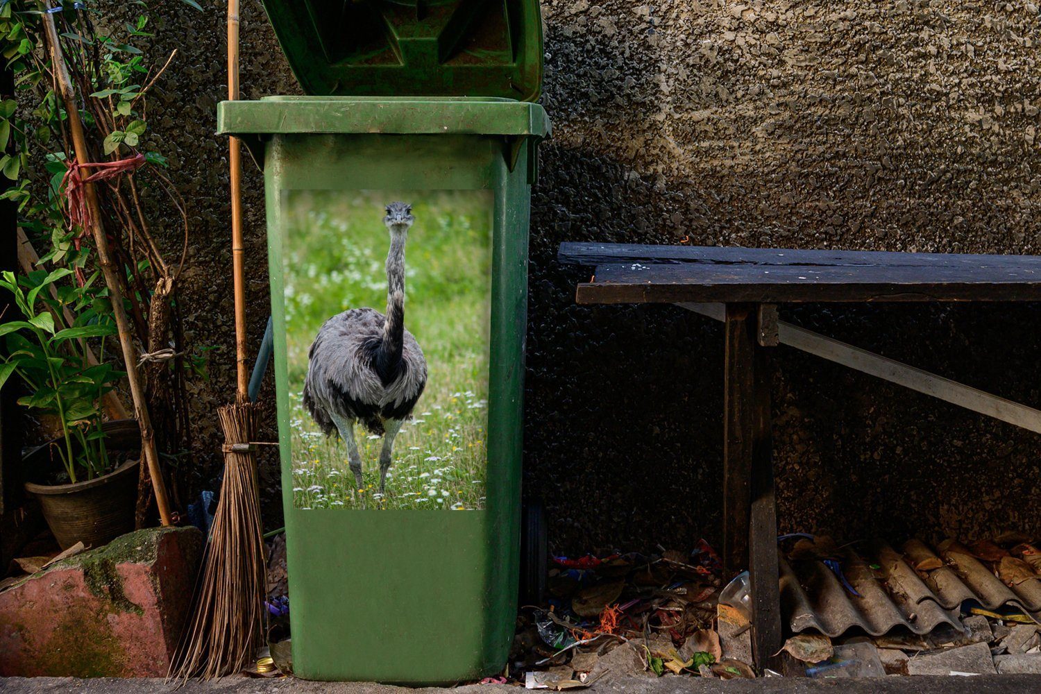 MuchoWow Wandsticker Ein Nandu (1 Ebene Abfalbehälter schaut auf Sticker, Mülltonne, in Kamera Mülleimer-aufkleber, grünen Container, die St), einer