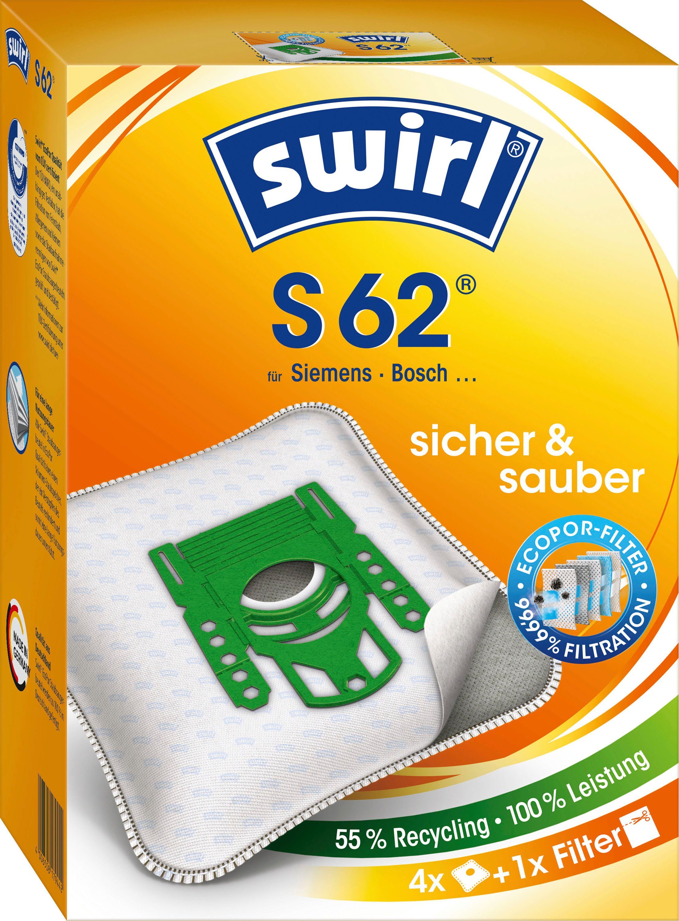 Swirl Siemens, 4er- für Staubsaugerbeutel Pack 62, Bosch, S passend