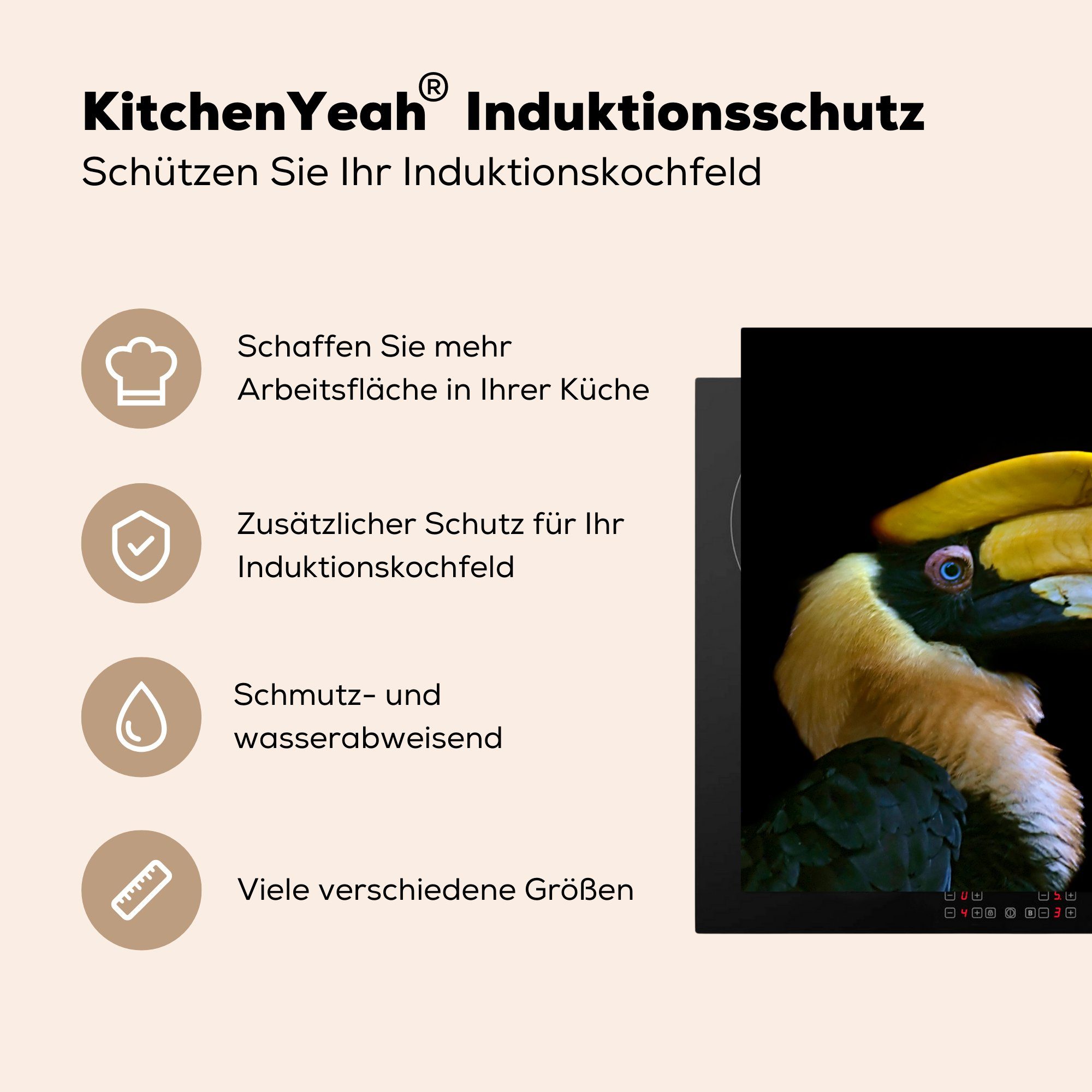MuchoWow Vogel die Vinyl, Schwarz, küche, für 59x52 Ceranfeldabdeckung (1 Herdblende-/Abdeckplatte cm, - - tlg), Induktionsmatte Schnabel