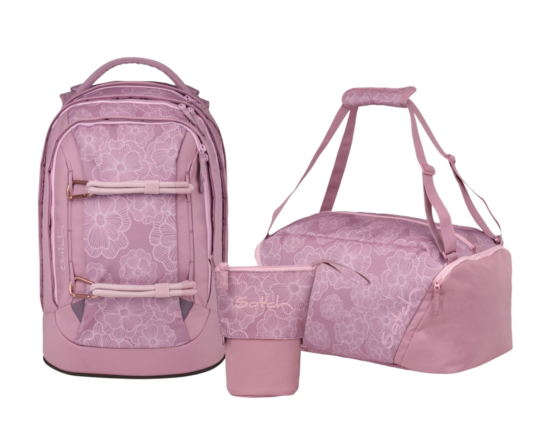 Satch Schulranzen Schulrucksack-Set PACK Magnolia Dream 3-teilig (3-teilig), ergonomisch, Your-Size-System, 5 Fächer
