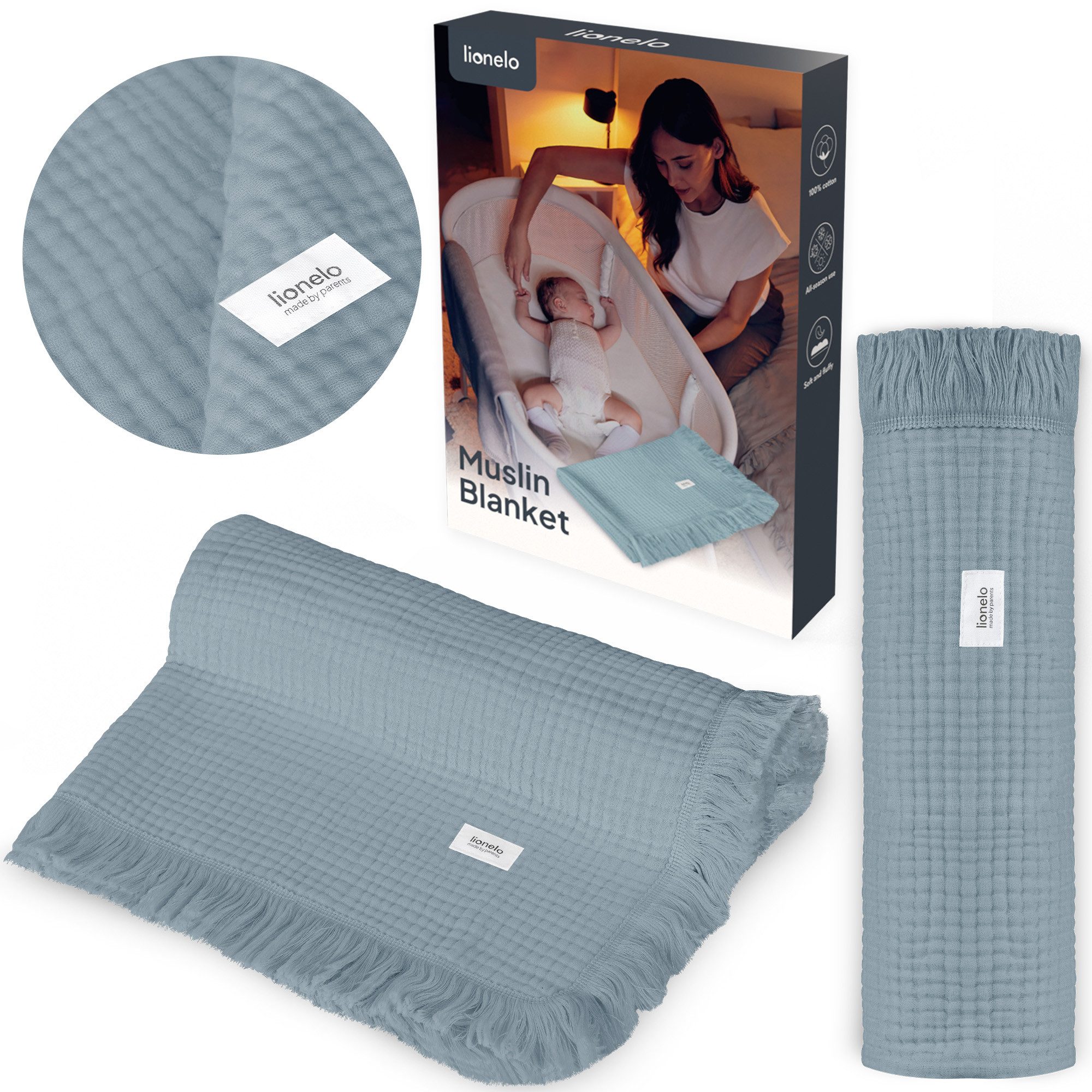 Kinderdecke MUSLIN BLANKET, lionelo, 6 Lagen/100% Baumwolle/ganzjährig/weicher Musselin/Fransen