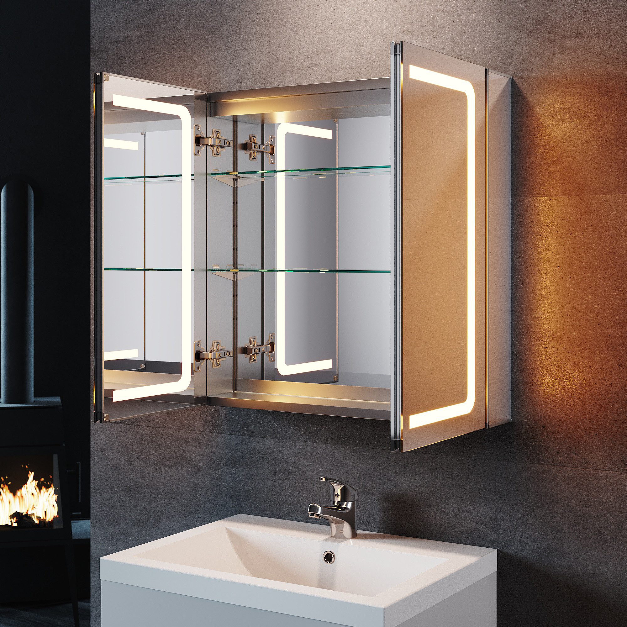 SONNI Badezimmerspiegelschrank Aluminium LED-Badezimmerspiegelschrank 65X65cm with anti-fog function, power outlet, and dual-touch stepless dimming
