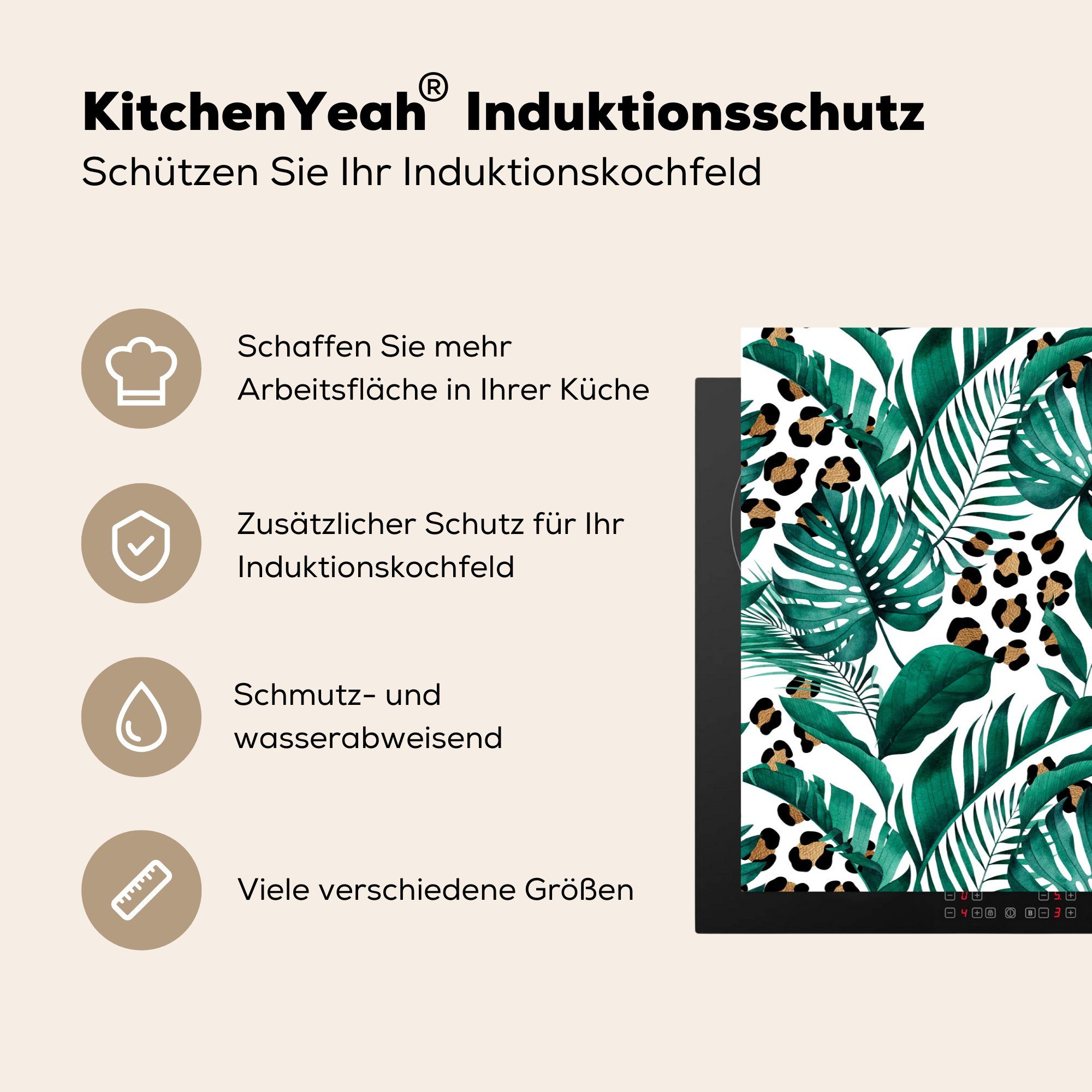 MuchoWow Herdblende-/Abdeckplatte Tropical - Pantherdruck Vinyl, Schutz Induktionskochfeld - (1 Weiß, tlg), die küche, cm, Ceranfeldabdeckung 81x52 für