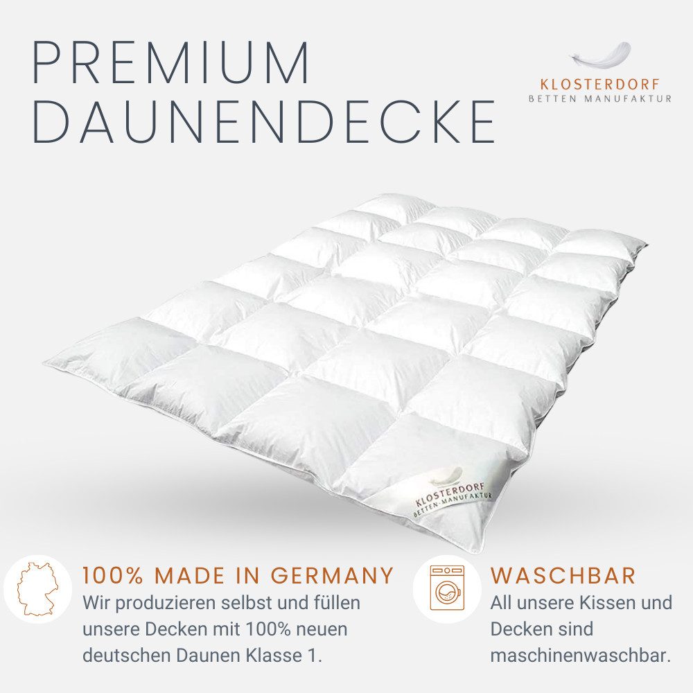 Klosterdorf Betten-Manufaktur Gänsedaunenbettdecke Premium Ganzjahres 4 Jahreszeiten Daunendecke Decke - nonplusultra -, Füllung: 100% neue reine weiße deutsche Gänsedaune Klasse I, Für erholsamen und gesunden Schlaf, liebevolle Handarbeit aus unserem deutschen Familienbetrieb