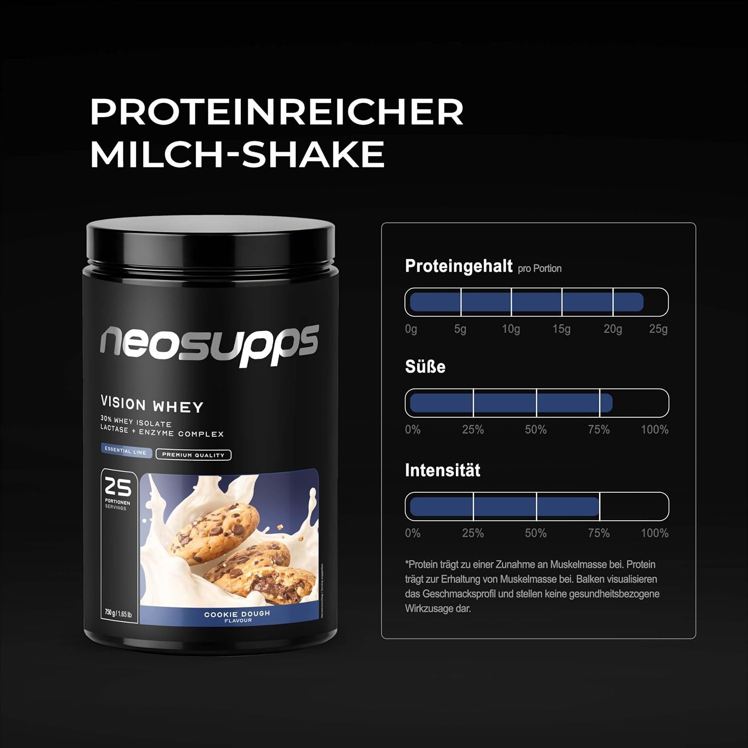 Neosupps Whey Protein Pulver Cookie Dough 750g, Proteinpulver, Proteinshake Pulver, 750 g, Protein zum Muskelaufbau mit geprüfter Qualität, Made in Germany – Bild 3 von 5