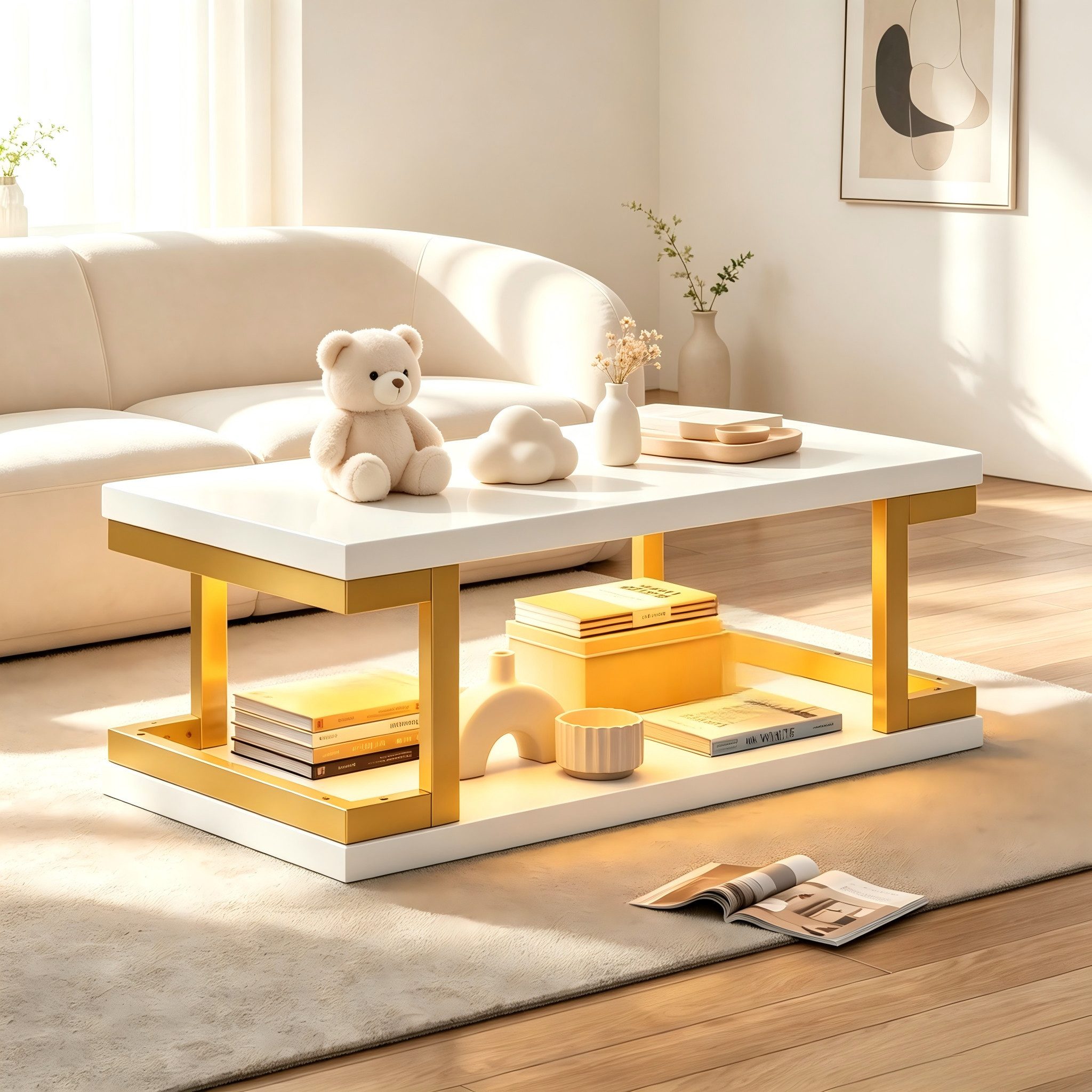 Merax Couchtisch mit LED-Beleuchtung, Rechteckiger Sofatisch in Weiß Gold (100×50×37,5cm, 1-St), Beistelltisch Wohnzimmertisch mit Ablagefläche aus MDF und Metall